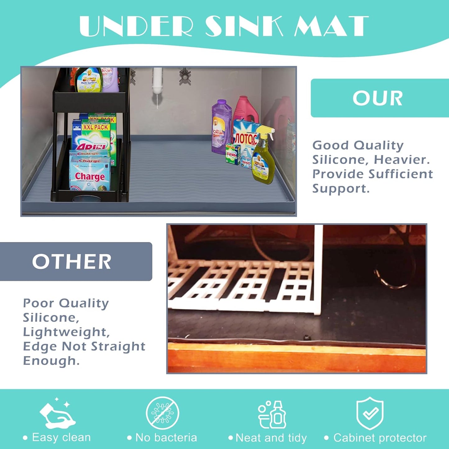 URMONA Waterproof Silicone Under Sink Mat 34'' x 22'' Shelf Liner for Kitchen and Bathroom, Cabinet and Counter Protector, Storage and Organizers, Litter Mat, Pet Cat Puppy Essentials(Gray)