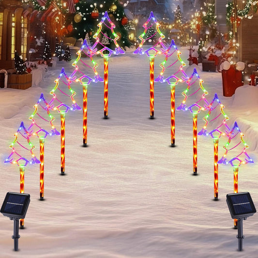 Christmas Solar Pathway Lights Outdoor Decorations， 8 Modes Xmas Tree Candy Lights Waterproof Led Garden Stake Light for Walkway Yard Lawn Porch Holiday Decor 5-Pack (Multicolor Tree, 10 Pack)