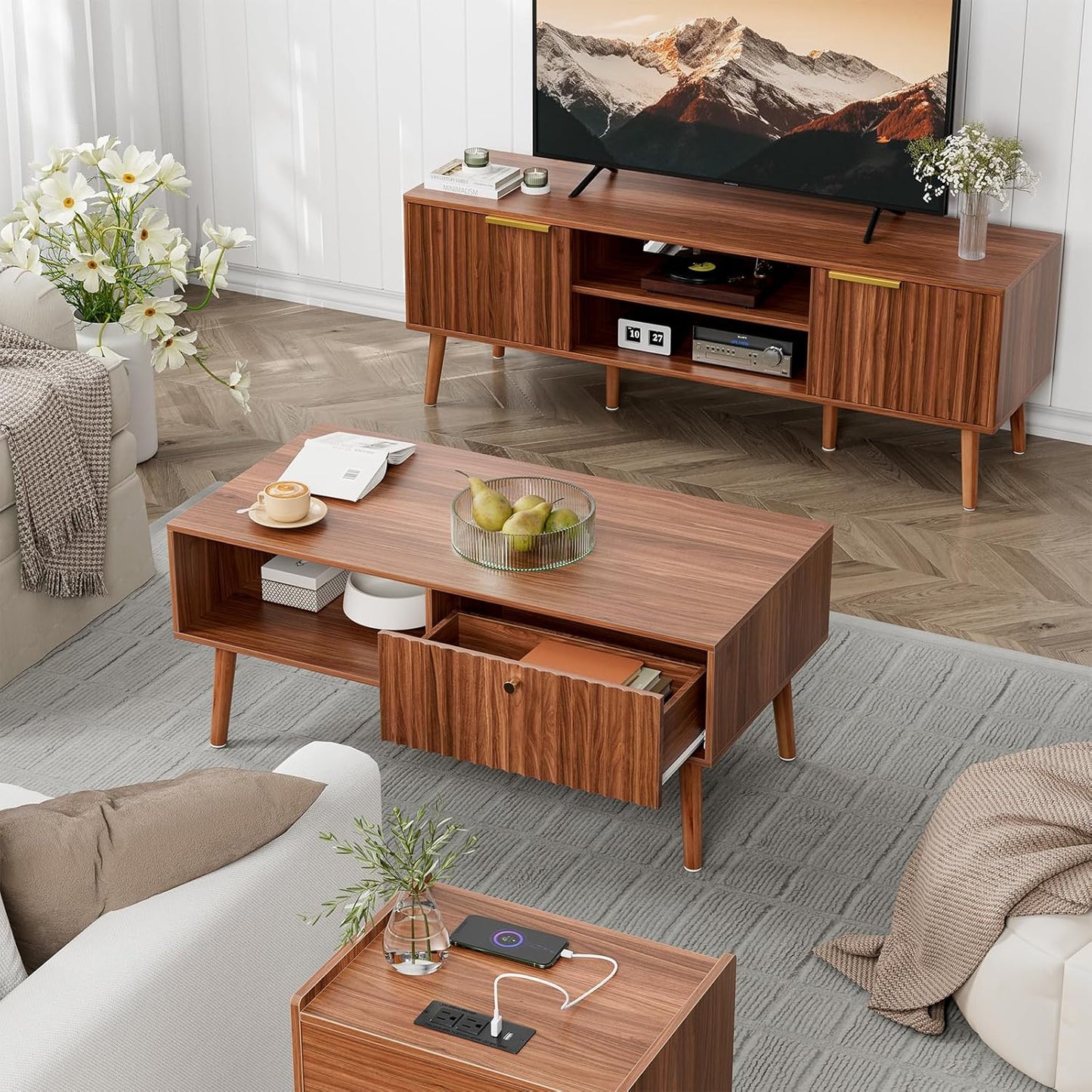 Coffee Table with Storage, Mid Century Dining Table with Fluted Drawer and Solid Wood Legs, Small Coffee Tables for Living Room, Walnut