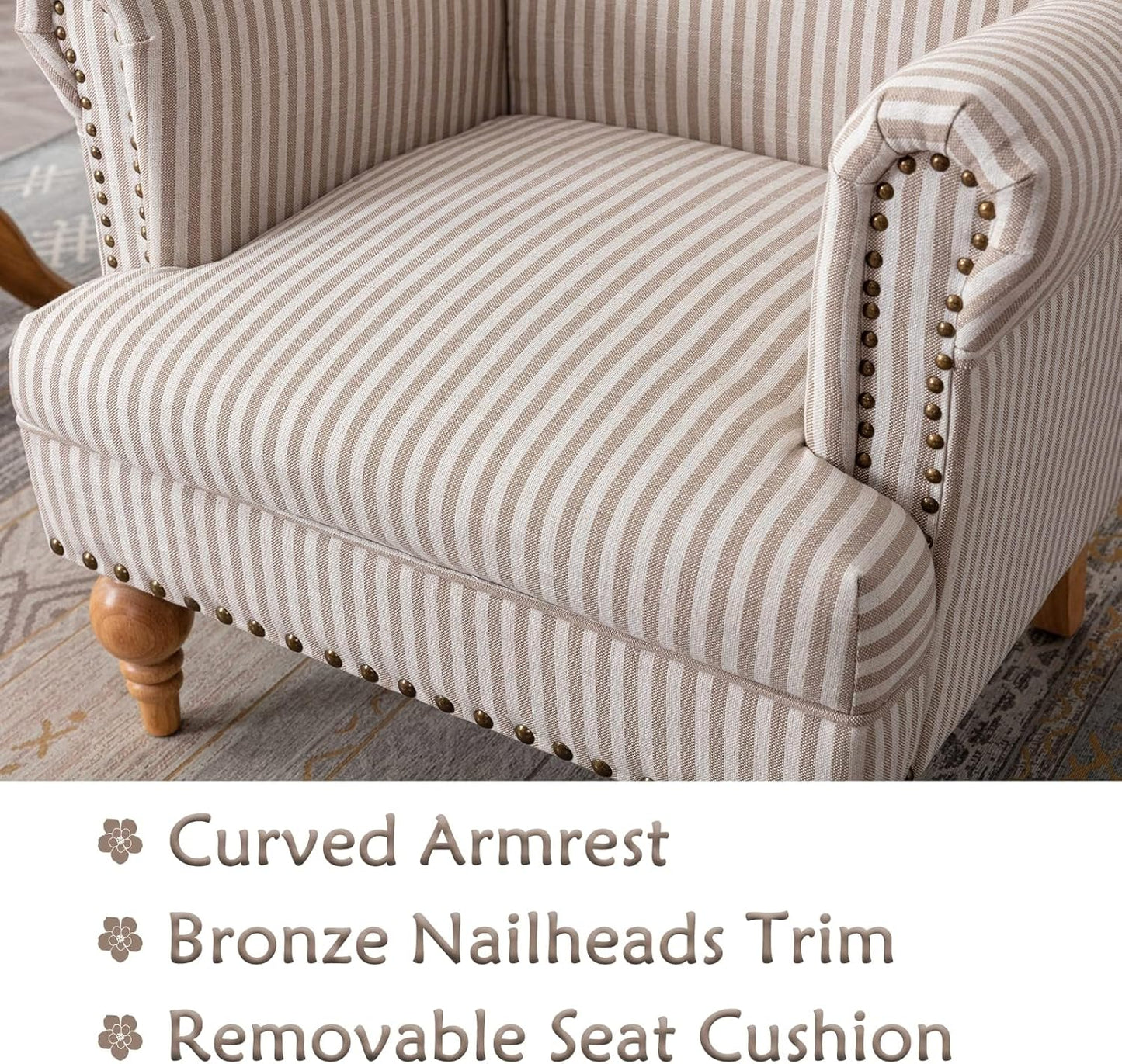 chairus Linen Accent Chair for Living Room Upholstered Mid Century Modern Single Sofa Chair with Solid Wood Legs Comfy Reading Chair Armchair for Bedroom/Office Room/Recption/Lounge, Khaki Stripe