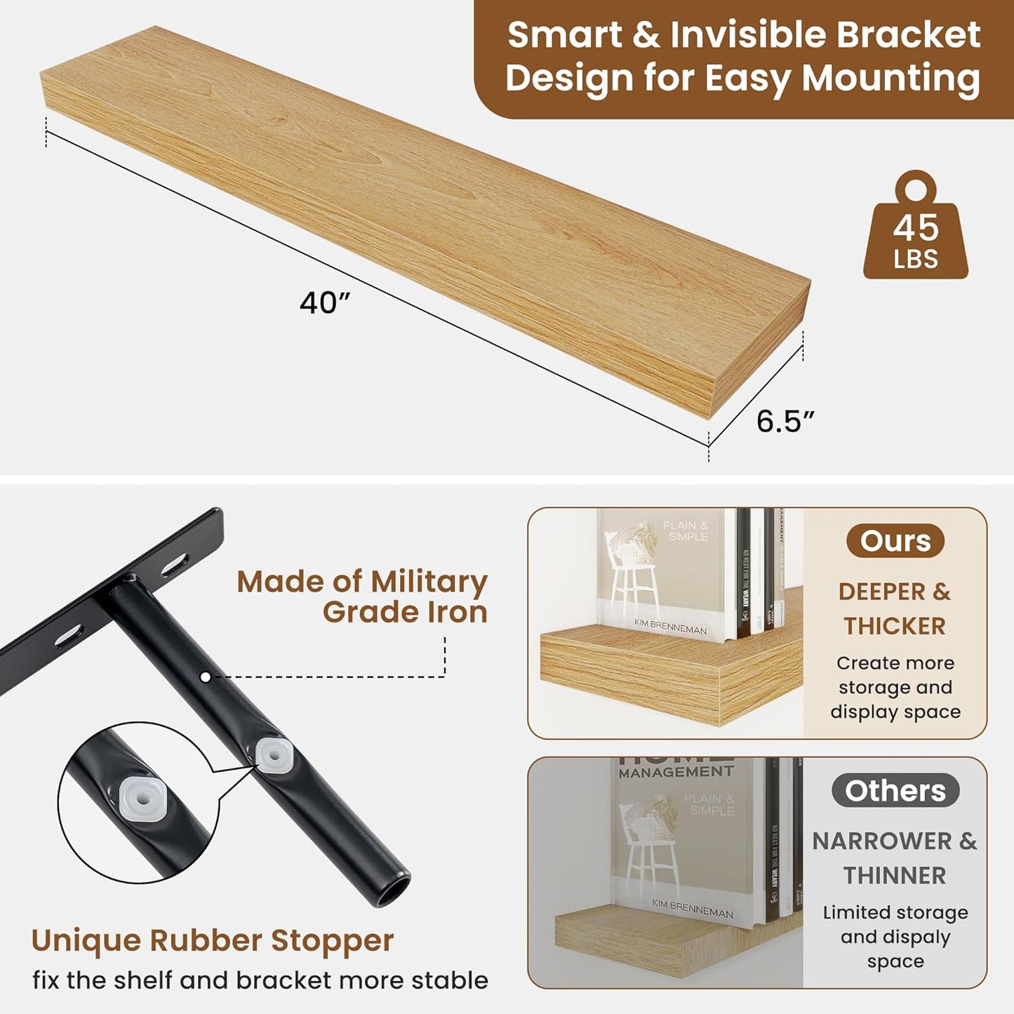 fuqing Floating Shelves for Wall, Bathroom Shelf Wall Mounted for Storage, Shelves with Invisible Bracket for Bedroom, Kitchen, Living Room, Farmhouse Small Book Shelf, 40 Inch Set of 2, Oak