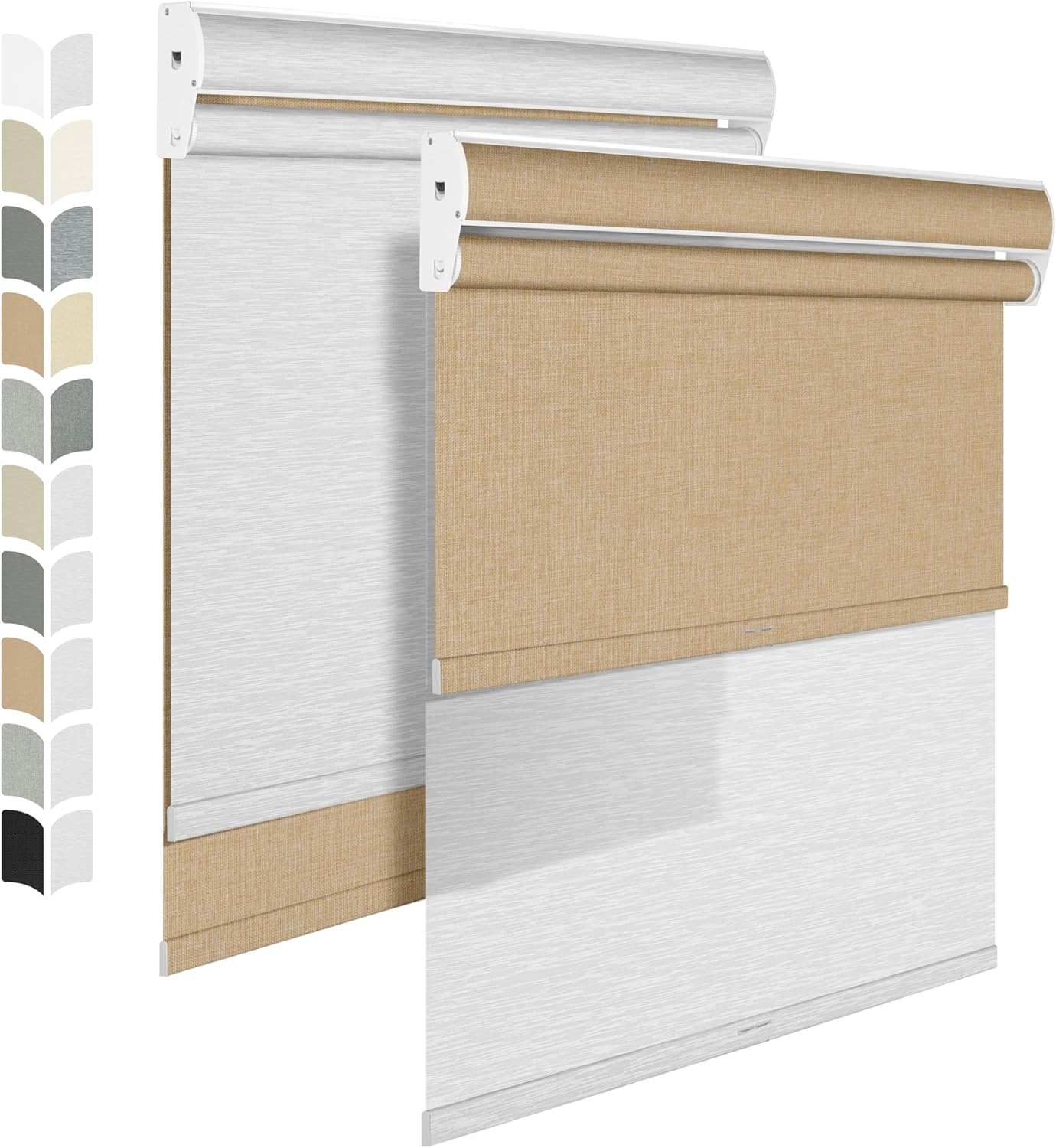 BERISSA Cordless Dual Roller Shades With Cassette Valance, Blackout and Light Filtering, Day and Night for Home Office Door - Linen Beige and White, 64 W x 48" H