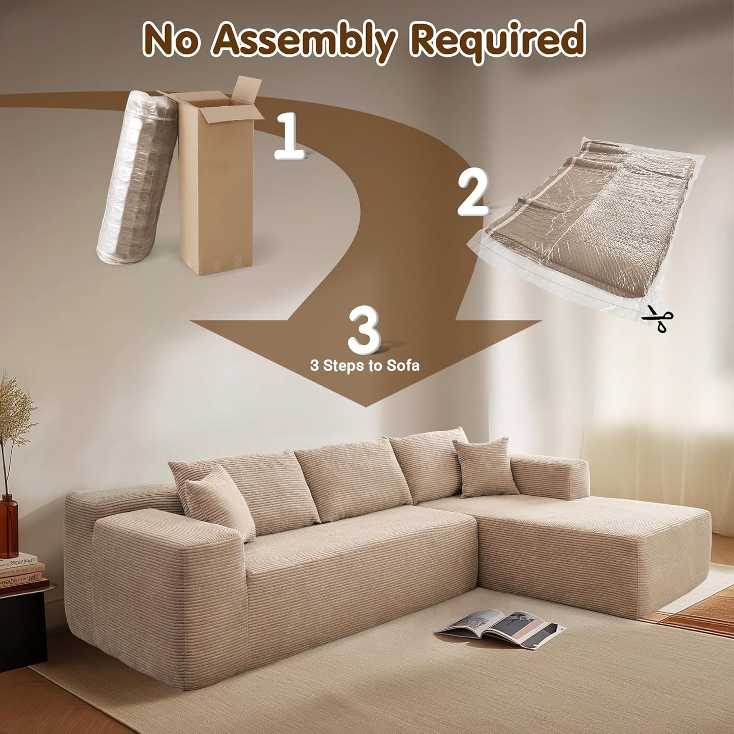 ovios 104" Cloud Sectional Couch with L-Shape Chaise,Modern Modular Sofa with Deep Seat, Upholstered Couches for Living Room Bedroom,No Assembly Required, Camel (Corduroy Fabric)