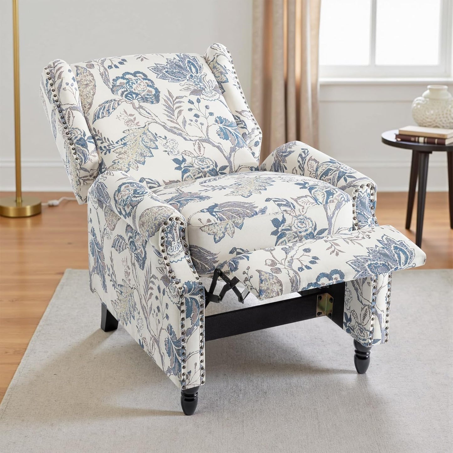 UIXE Floral Pushback Recliner Chairs Set of 2, Fabric Upholstered Armchair Push Back Accent Chair for Living Room, Rivet Trim Club Chair Home Theater Single Sofa Reading Seat - Blue Plants