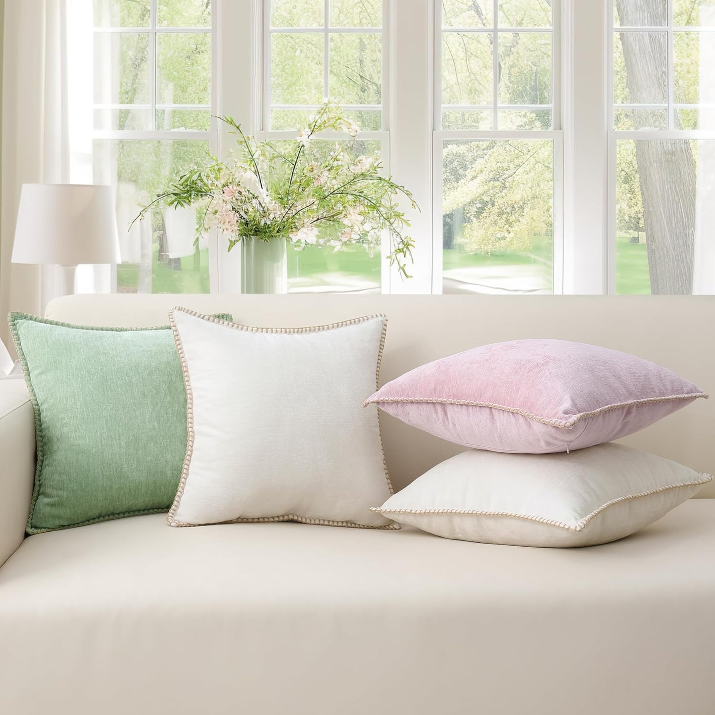 decorUhome Chenille Soft Throw Pillow Covers 16x16 Set of 2, Farmhouse Velvet Neutral Decorative Euro Pillow Covers with Stitched Edge for Couch Sofa Bed Home Decor, Blush Pink