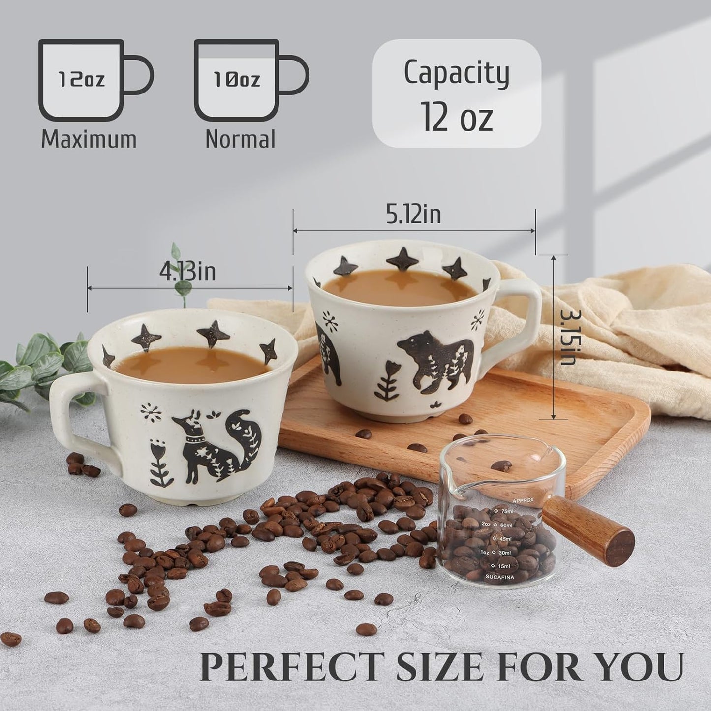 Ceramic Coffee Mug, 12 oz Novelty Unique Teacup with Large Handle, Stoneware Cup for Tea Mocha Latte Cappuccino Espresso (Fox)