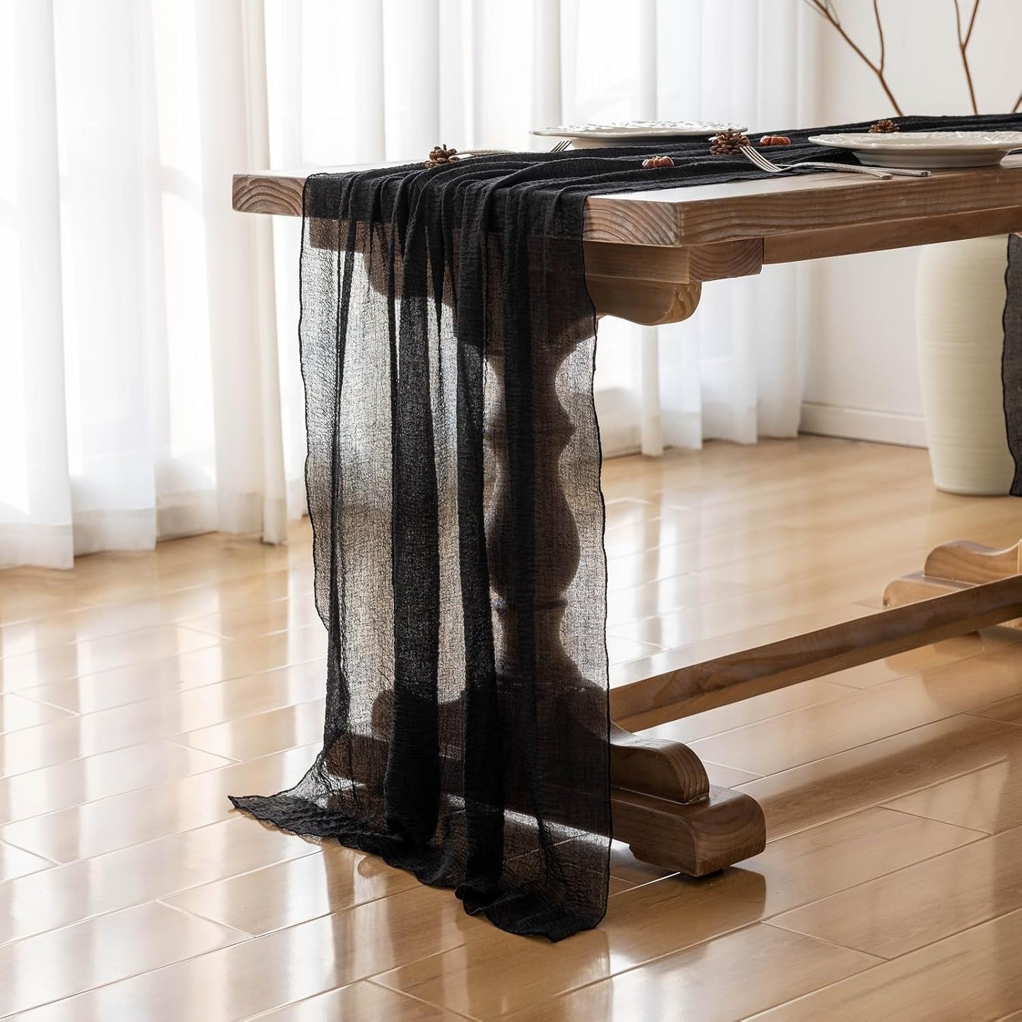 3pcs Halloween Table Runner Black Cheesecloth Gauze Rustic Premium Cotton Cheese Cloth Table Runner 120 Inch 10 FT for Wedding Bridal Baby Shower Long Sheer Boho Decorations
