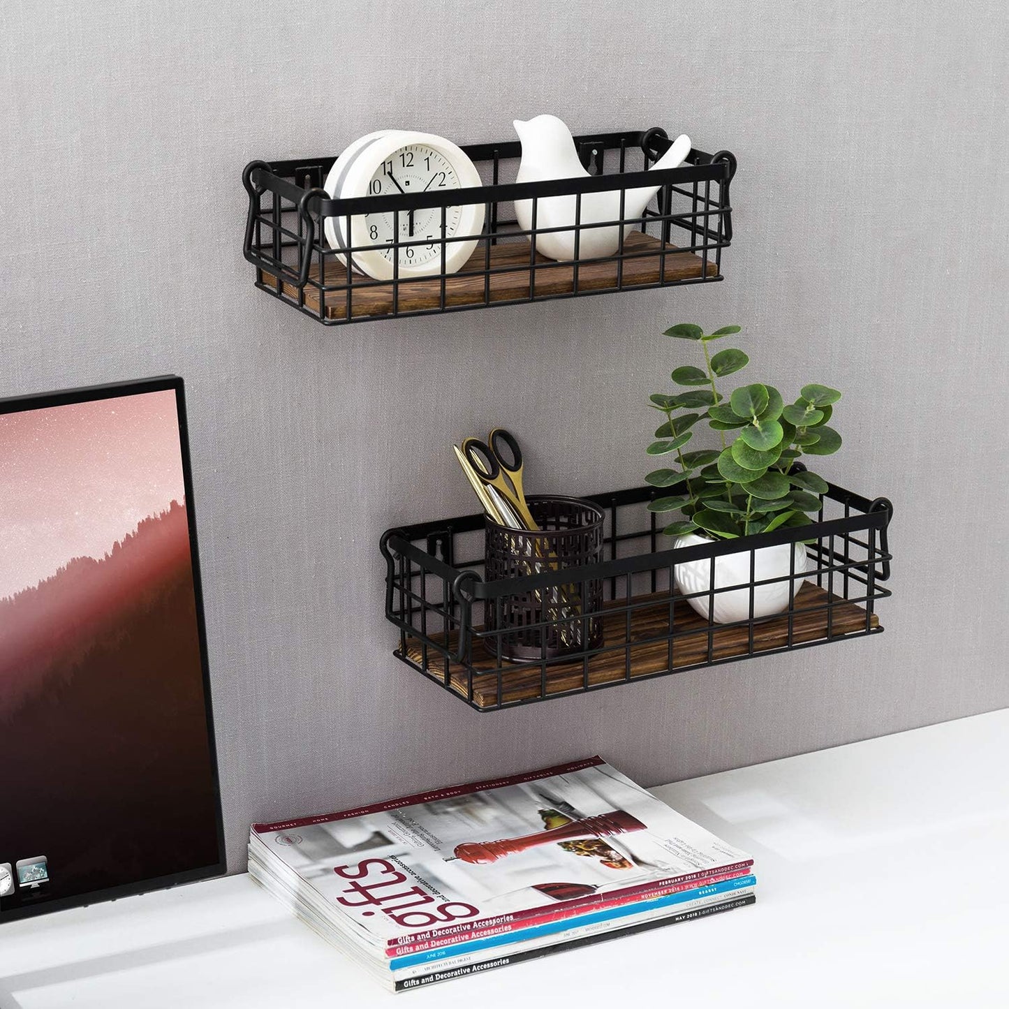 MyGift Set of 2 Wire Baskets for Pantry, Wall Mounted or Tabletop Black Metal Baskets for Organizing with Burnt Wood Base and Handles