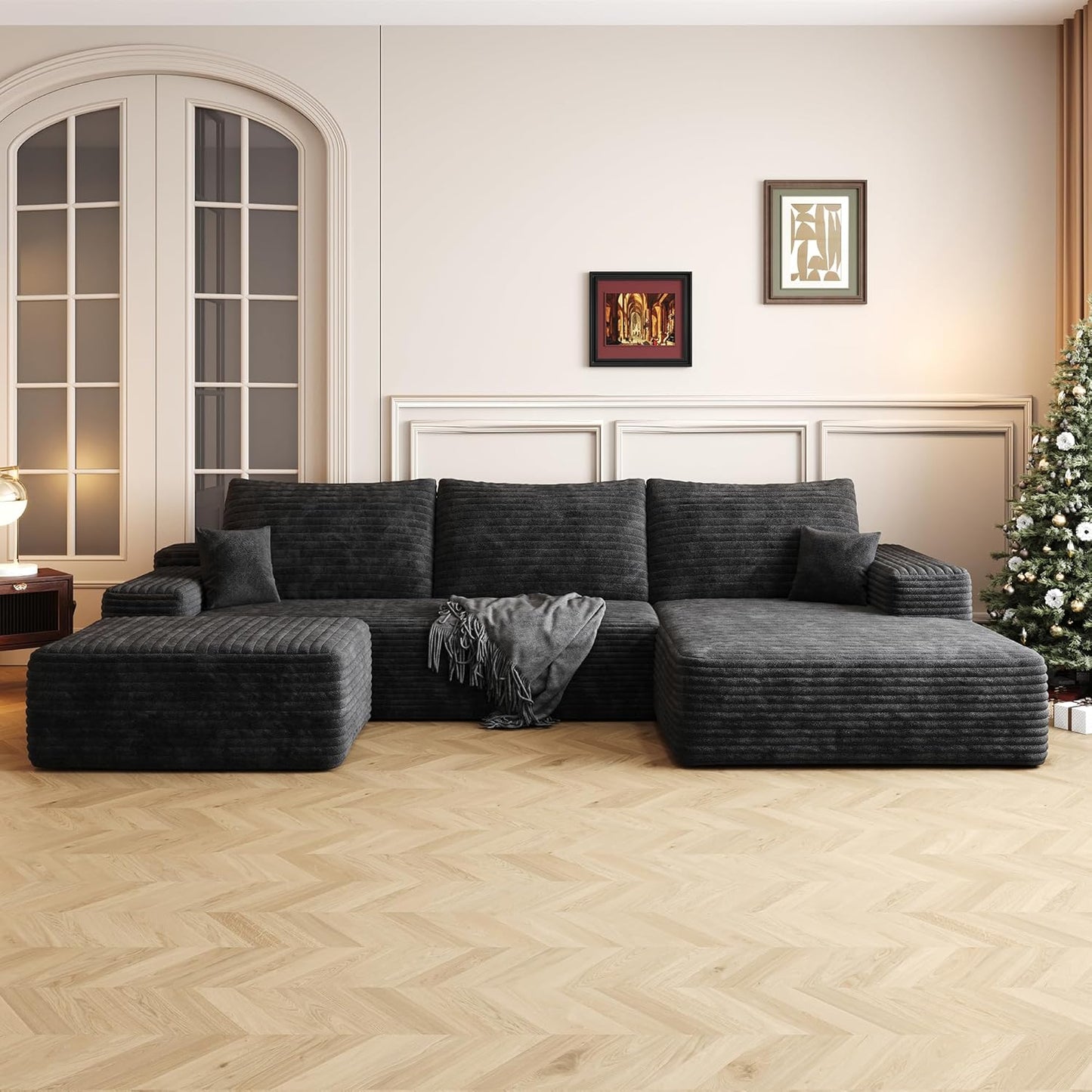 108" Sectional Couches for Living Room Modern Modular Sofa with L-Shape Couchs Upholstered Boneless Couch Deep Seat Sectional Couch with Chaise (Black, Right Facing Chaise+2Seaters+1Ottoman)