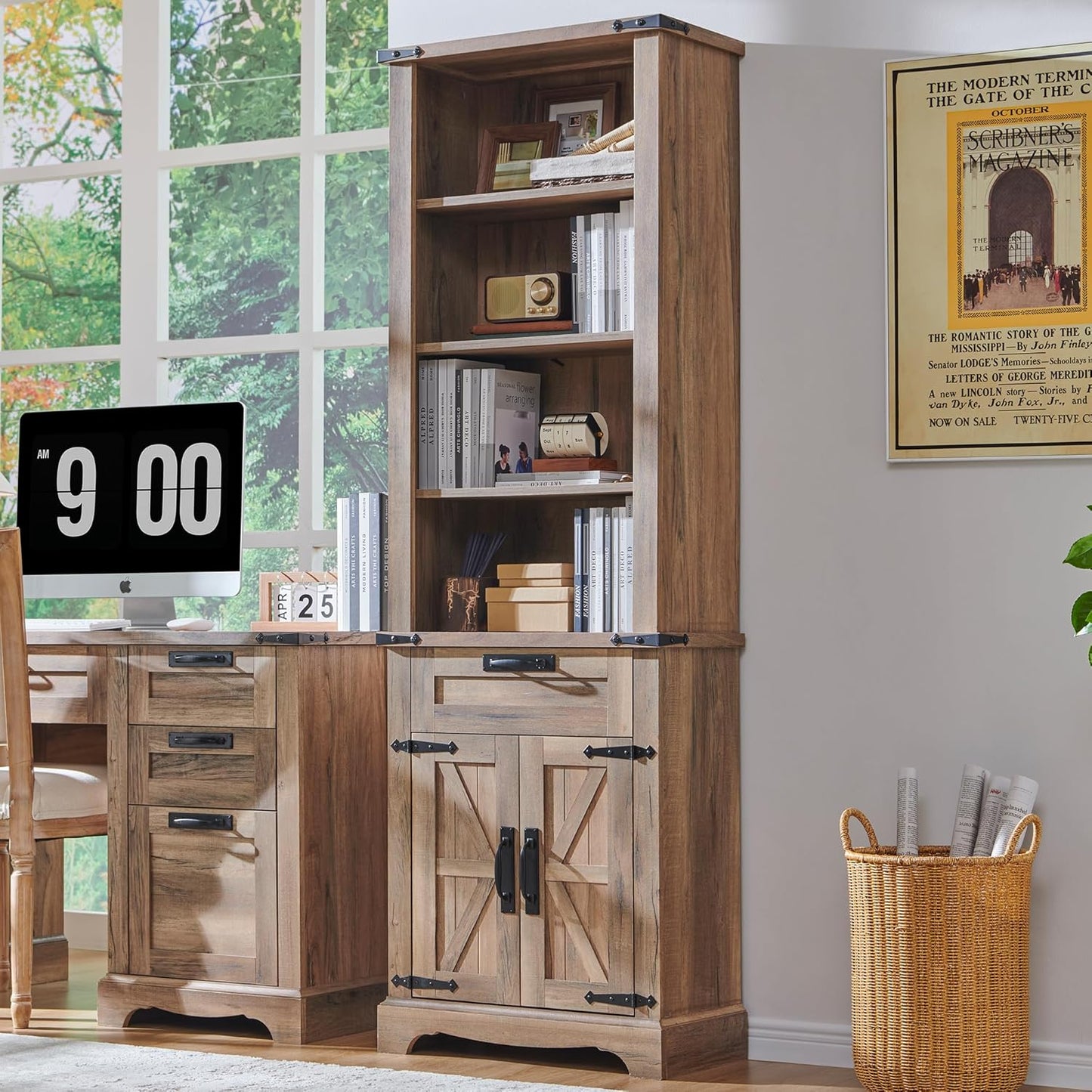 RedLemon Bookshelf with Storage Cabinet, 72" Tall Farmhouse Bookcase with Adjustable Shelves and Barn Door, 4 Tier Office Wood Bookshelf with Retro Metal Handles for Office, Library (Natural Oak)