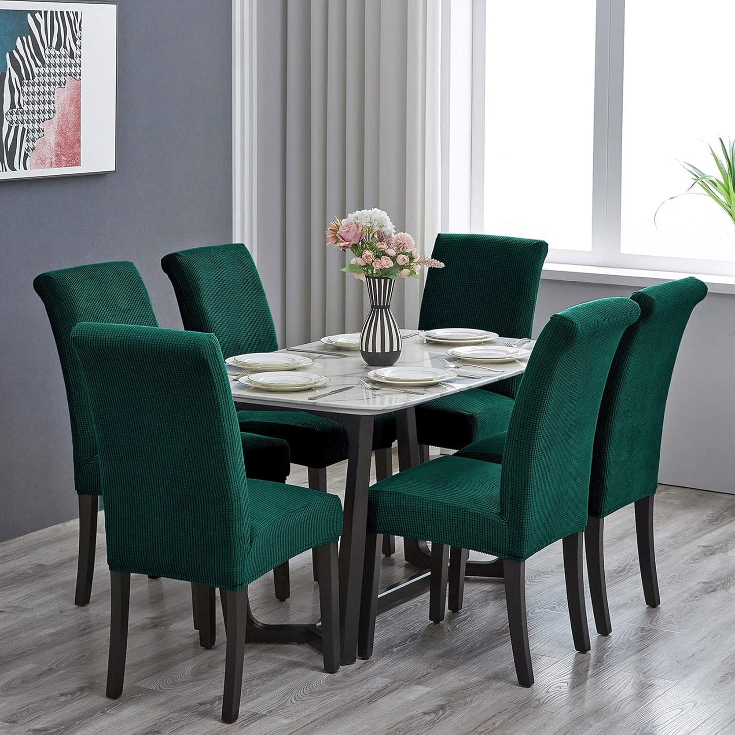 Howhic Chair Covers for Dining Room Set of 6, Stretchy Dining Chair Covers, Textured Jacquard Kitchen Chair Slipcovers, Classy Decor for Home and Banquet (Hunter, 6 Pack)