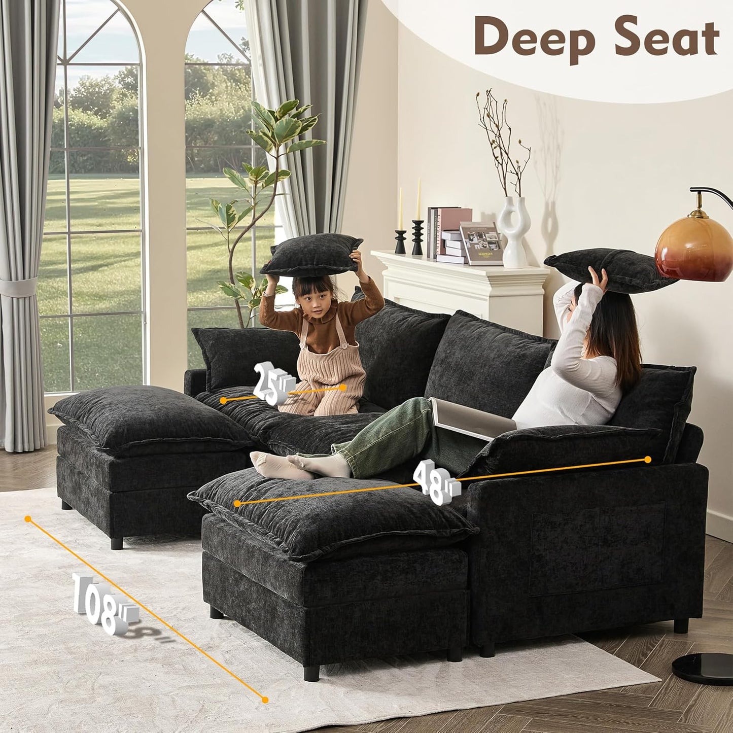 108" U Shaped Couch, Modular Sectional Sofa, 3-Seater Comfy Cloud Couch with Movable Ottoman, Deep Seat Couches for Living Room, Chenille, Black