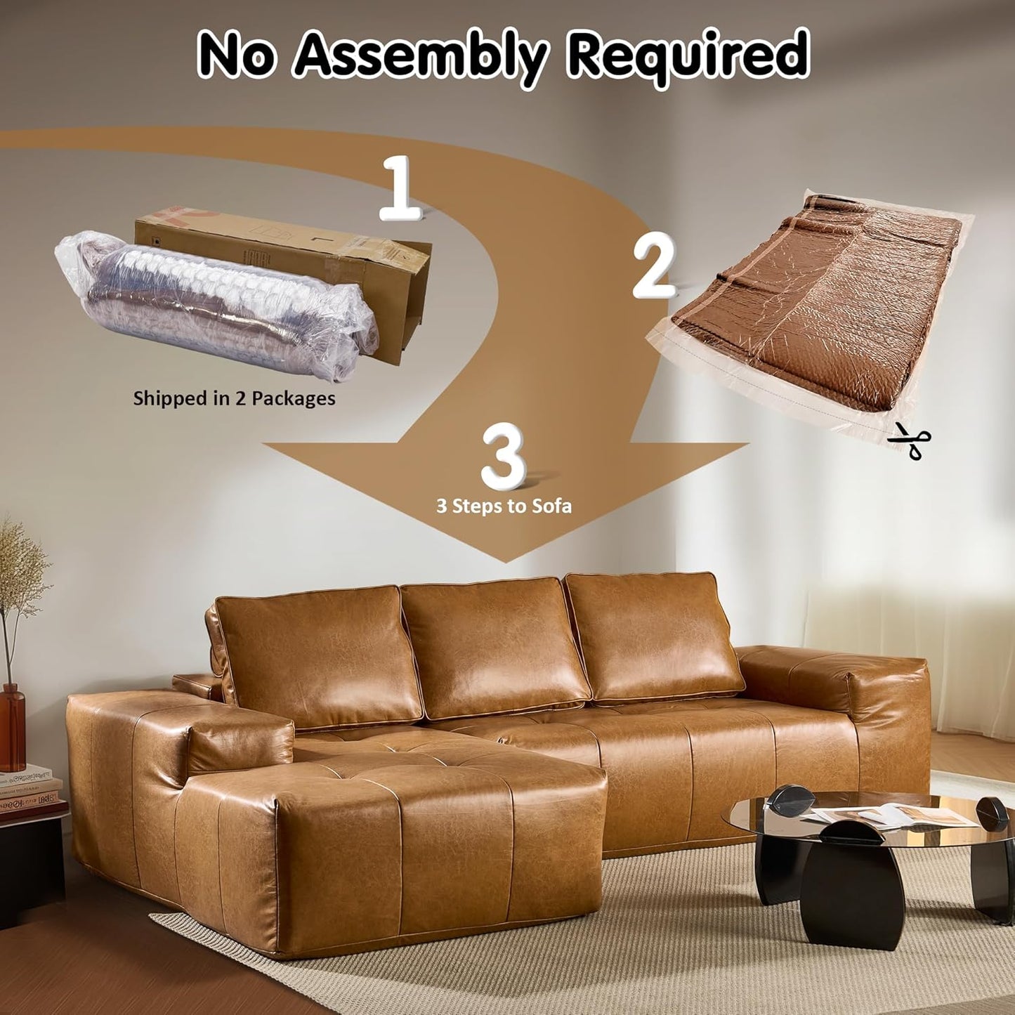 ovios Sectional Cloud Couch for Living Room, Modular Floor Sofa with Plush Corduroy, No Assembly Required, Big Comfy Couches Set with Fluffy Memory Foam, Stupendous U Shaped Sofas with Chaise, Brown