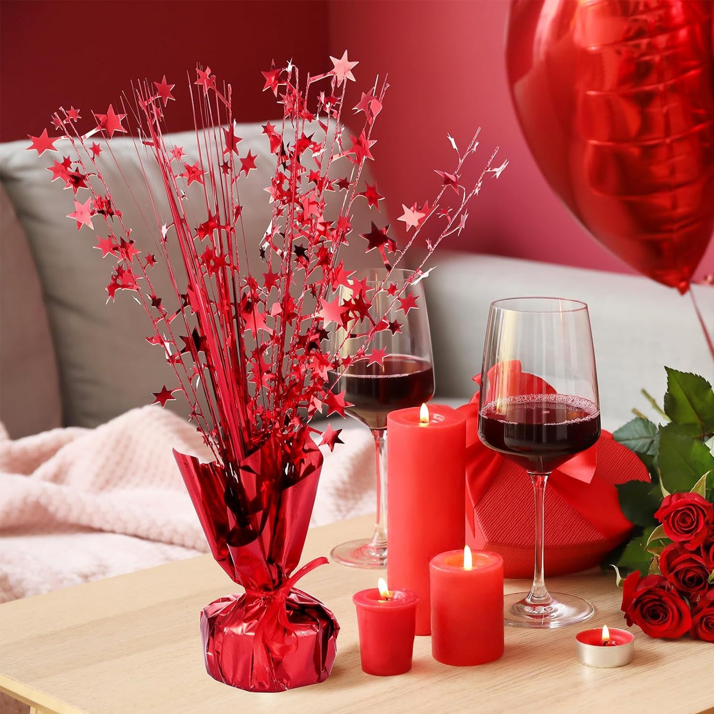 Crowye 18 Pieces Metallic Foil Spray Centerpiece Party Star Table Decoration Burst Metallic Table Centerpieces for Birthday Party Season Holiday(Red)
