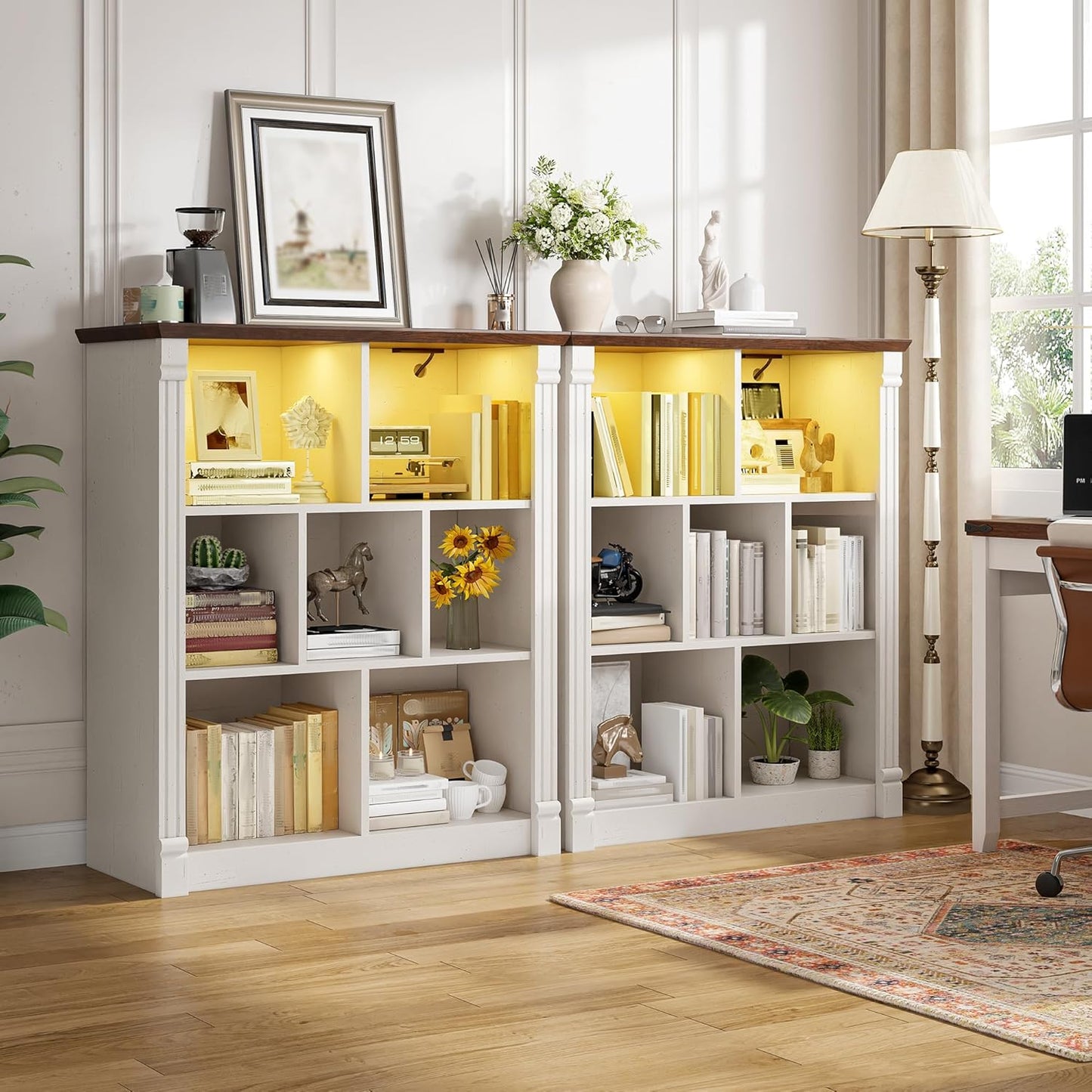 EnHomee 7 Cube Storage Organizer with LED Light and Charging Station Wood Cube Shelf White Bookshelf for Bedroom Living Room,Office,White