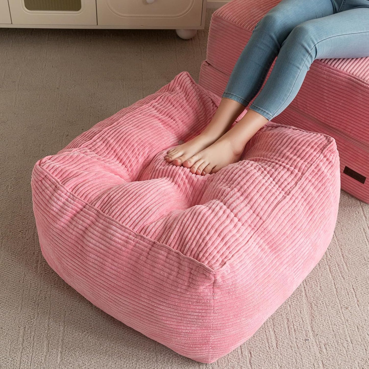 HIGOGOGO Square Stuffed Pouf Ottoman, Corduroy Poufs with Foam Chunk Filling, Furry and Fluffy Pouf Foot Stool Storage Ottoman, 21 X 21 Floor Poufs Foot Rest for Living Room, Pink