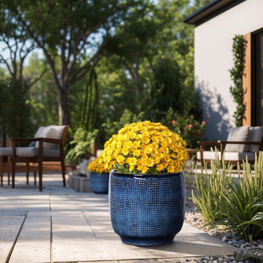 LuxenHome 12" Dia Large Ceramic Pots for Plants, Ocean Blue Glazed Planters for Outdoor Plants, Round Indoor Flower Pots with Drainage Hole and Rubber Plug for Home Garden Patio