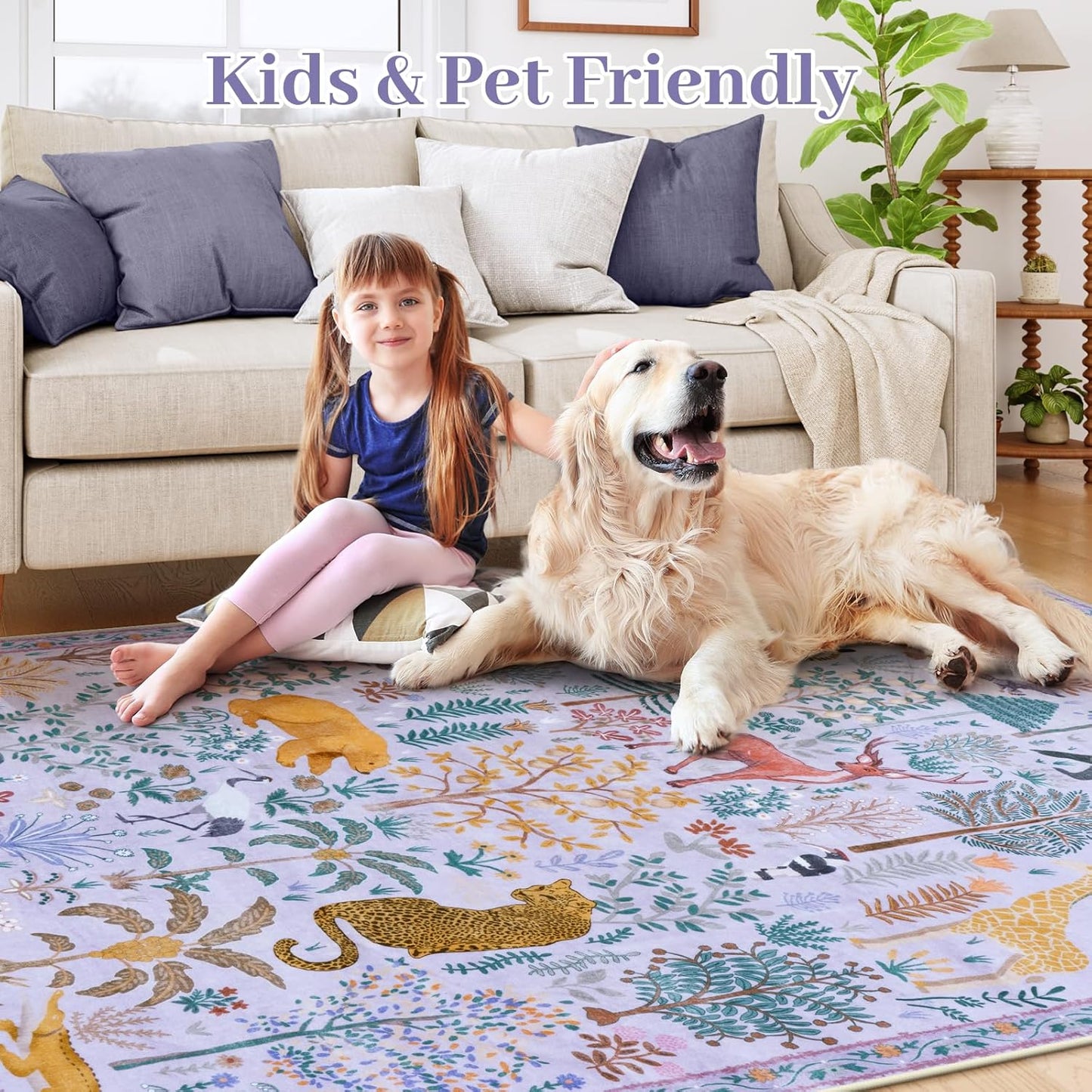 OJIA Animal Print Washable Rug 5x7 Area Rugs for Nursery, Soft Kids Bedroom Rug Ultra-Thin Non-Slip Modern Living Room Carpet, Stain Resistant Throw Carpet for Office Dining Room