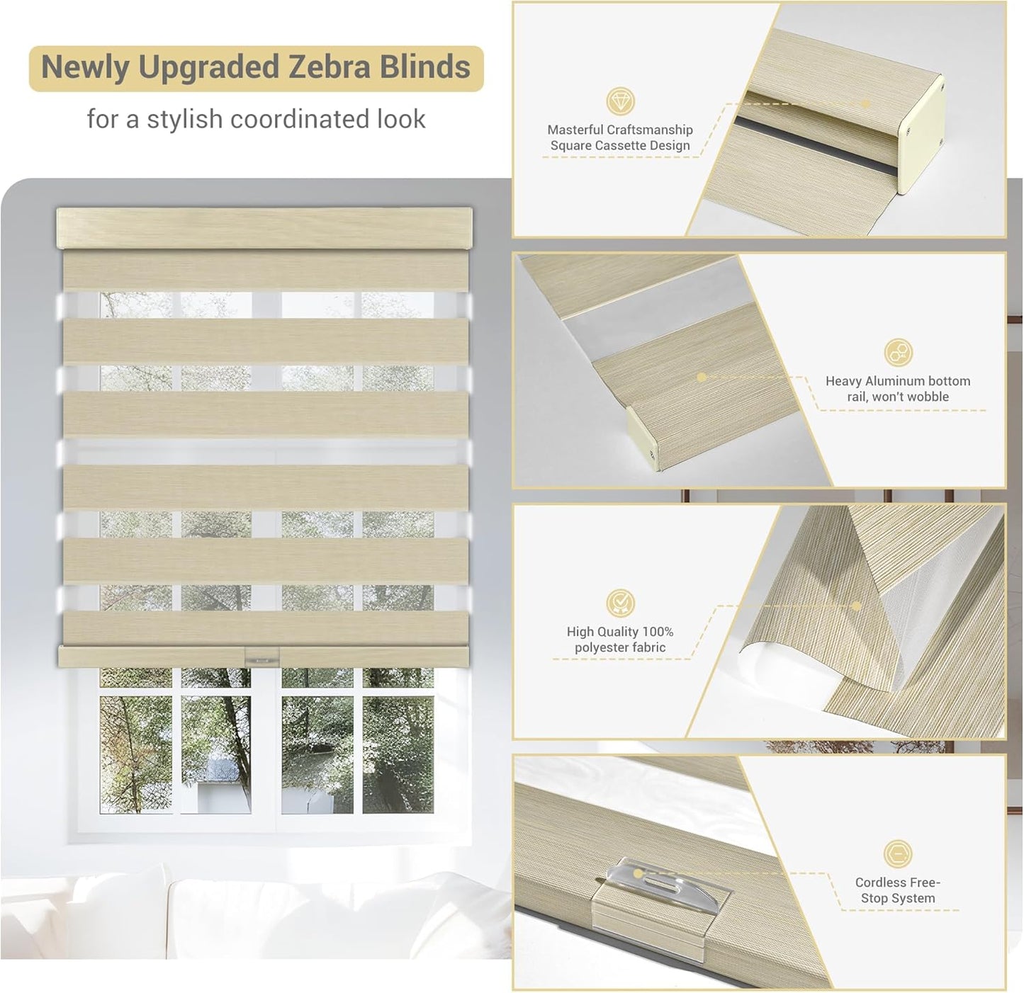 Cordless Zebra Blinds for Windows, Blackout Interior Blinds,Easy to Install,UV Protection,for Offices and Home,Custom Roller Shades, Mousse Beige,70" W x 64" H