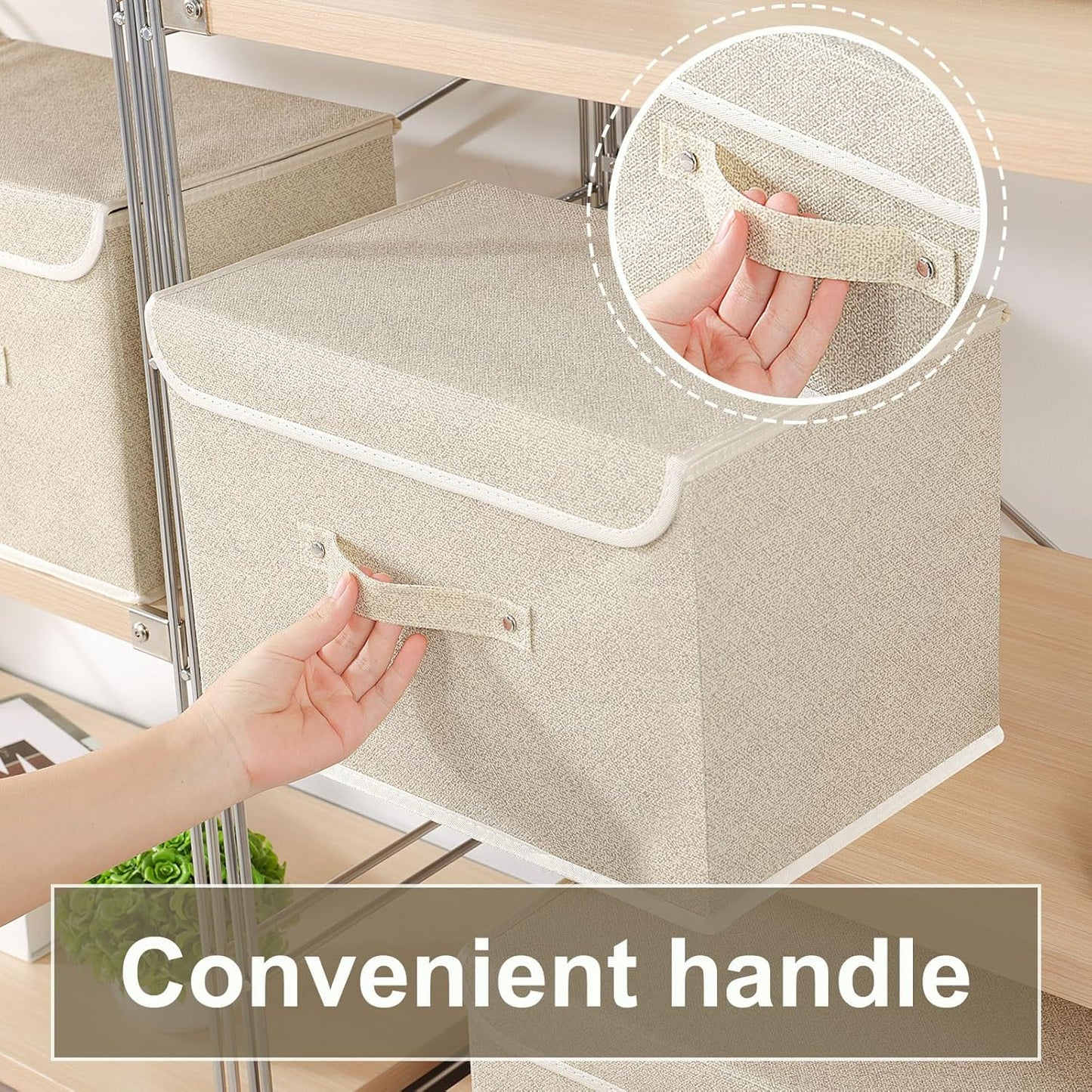 Storage Boxes, Collapsible Storage Bins with Lids, Cotton and linen cloth Storage Baskets with Handle, for Books, Closet, Bedroom, Home, 15x9.8x9.8 in, Grey and Beige