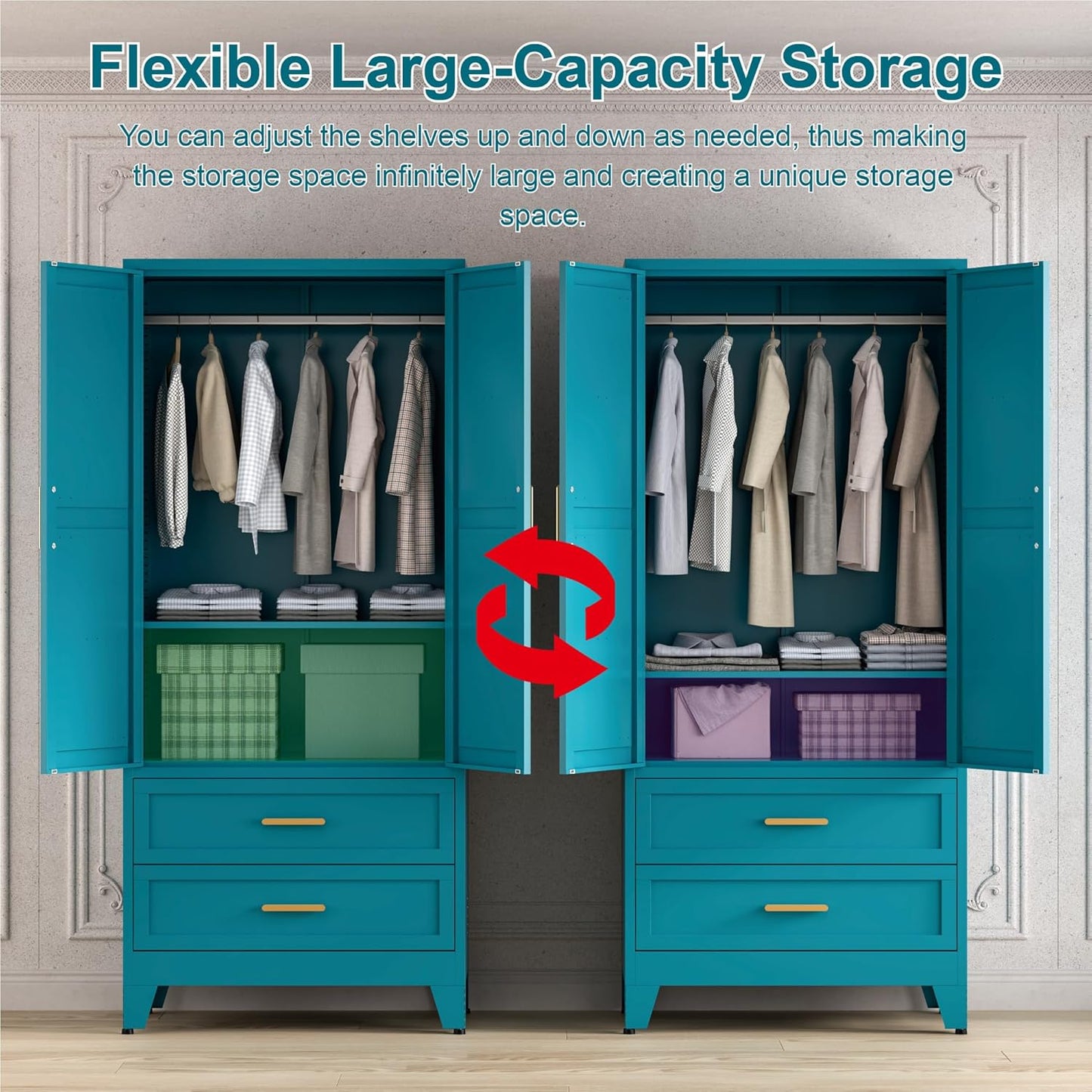 71'' Farmhouse Metal Wardrobe Cabinet with Hanging Rod, 2 Barn Door Wardrobe Closet with Adjustable Shelves,2 Drawer,for Dining Room,Bedroom,Living Room, Cloak Room,Office (Peacock Blue)