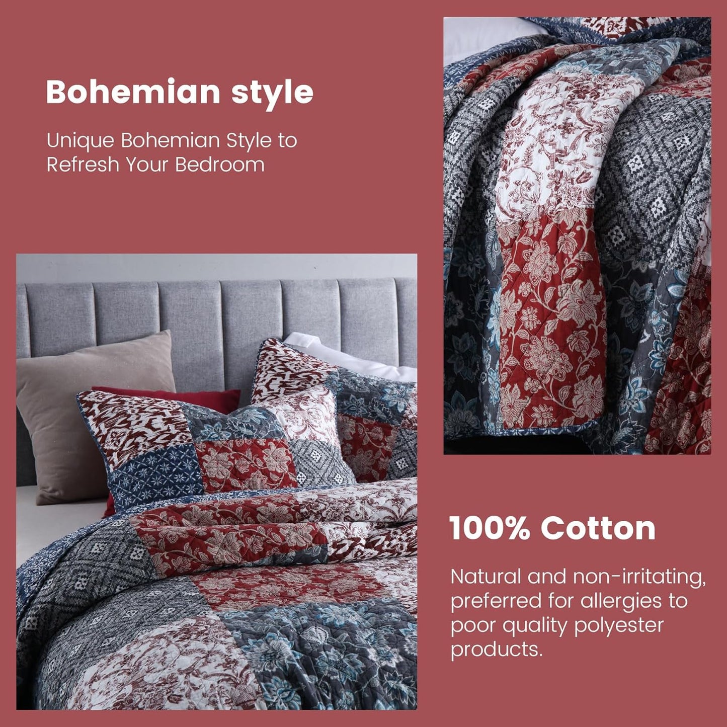 Secgo California King Quilt Size - 100% Cotton Oversized California Comforter Set Bedding Sets (120 * 110 Inch) with 2 Pillow Shams, Patchwork Reversible Lightweight Bedspread