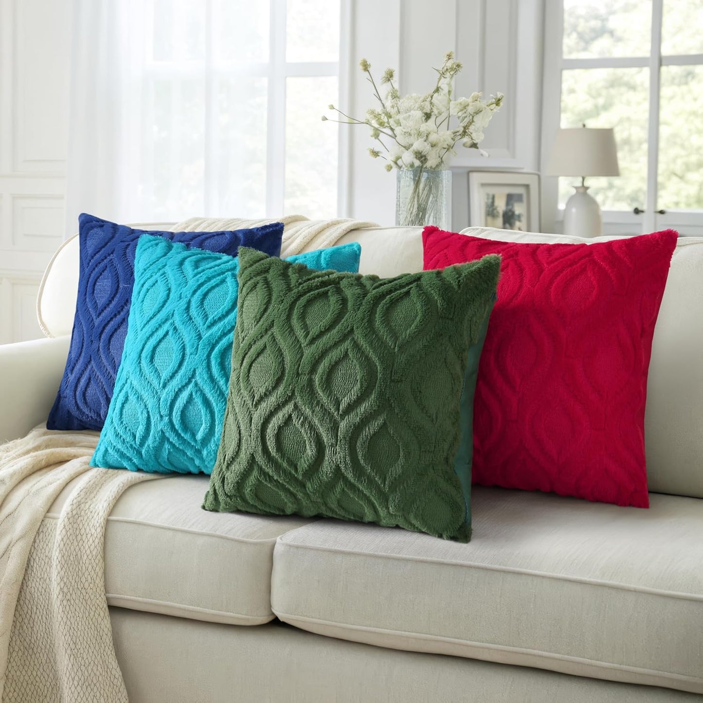 decorUhome Fall Throw Pillow Covers 22x22 Inch Set of 2, Soft Plush Decorative Faux Fur Teal Solid Couch Pillow Covers, Accent Farmhouse Neutral Square Euro Pillow Cases for Sofa Bed Living Room