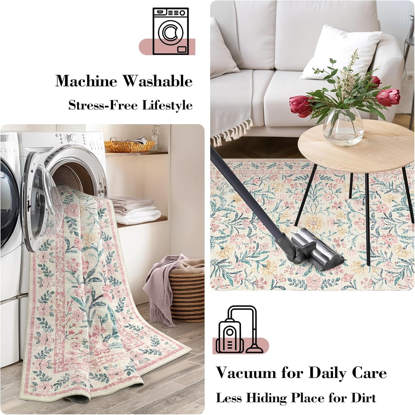 Wonnitar Washable Area Rug 6x9, Pink Floral Rugs for Bedroom Girls Soft Living Room Carpet Ultra-Thin, Boho Non Slip Non-Shedding Pastel Nursery Carpet for Kids Room Playroom Dorm