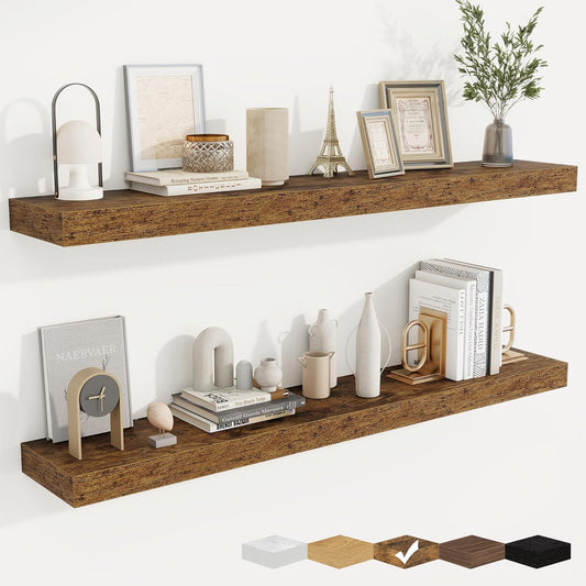 fuqing Floating Shelves for Wall, Bathroom Shelf Wall Mounted for Storage, Shelves with Invisible Bracket for Bedroom, Kitchen, Living Room, Farmhouse Small Book Shelf, 48 Inch Set of 2, Rustic Brown