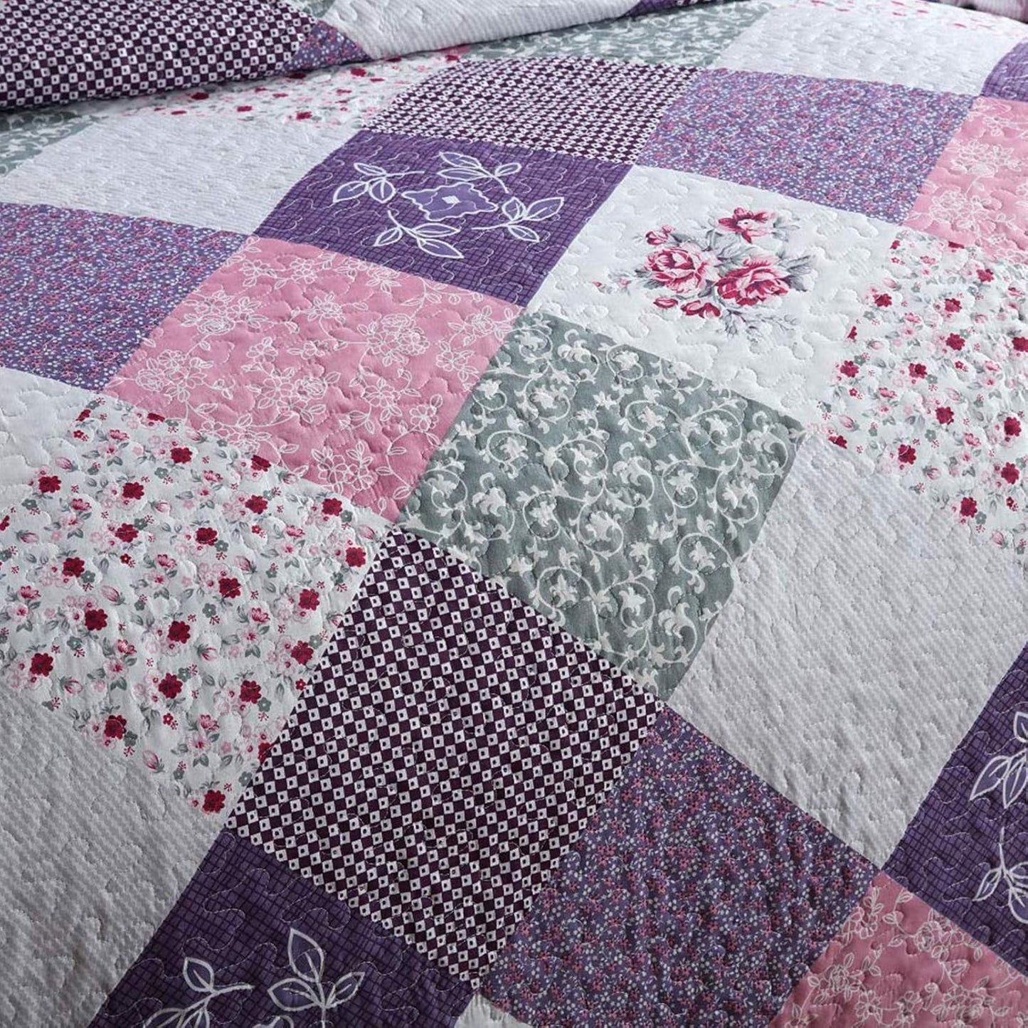 NEWLAKE Quilt Bedspread Sets-Floral Checkered Pattern Reversible Coverlet Set,King Size