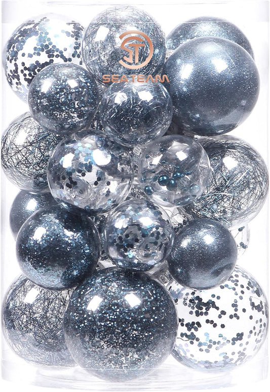 Sea Team Multi-Size Shatterproof Clear Plastic Christmas Tree Ball Ornaments Set, Decorative Hanging Transparent Xmas Baubles with Stuffed Delicate Decorations (25 Counts, Stone Blue)