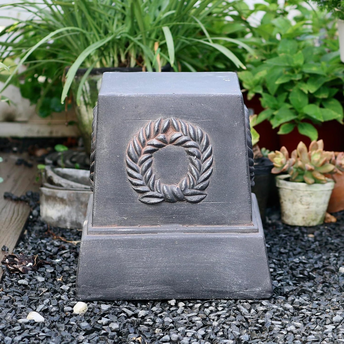 VISIBLE Classic Garden Urn Planter with Pedestal, Black Antique Finish, Cement Fiber Material, Decorative Leaf Pattern, 22 Inch Height, Indoor Outdoor Use, Delivered from Local Warehouse (Black)