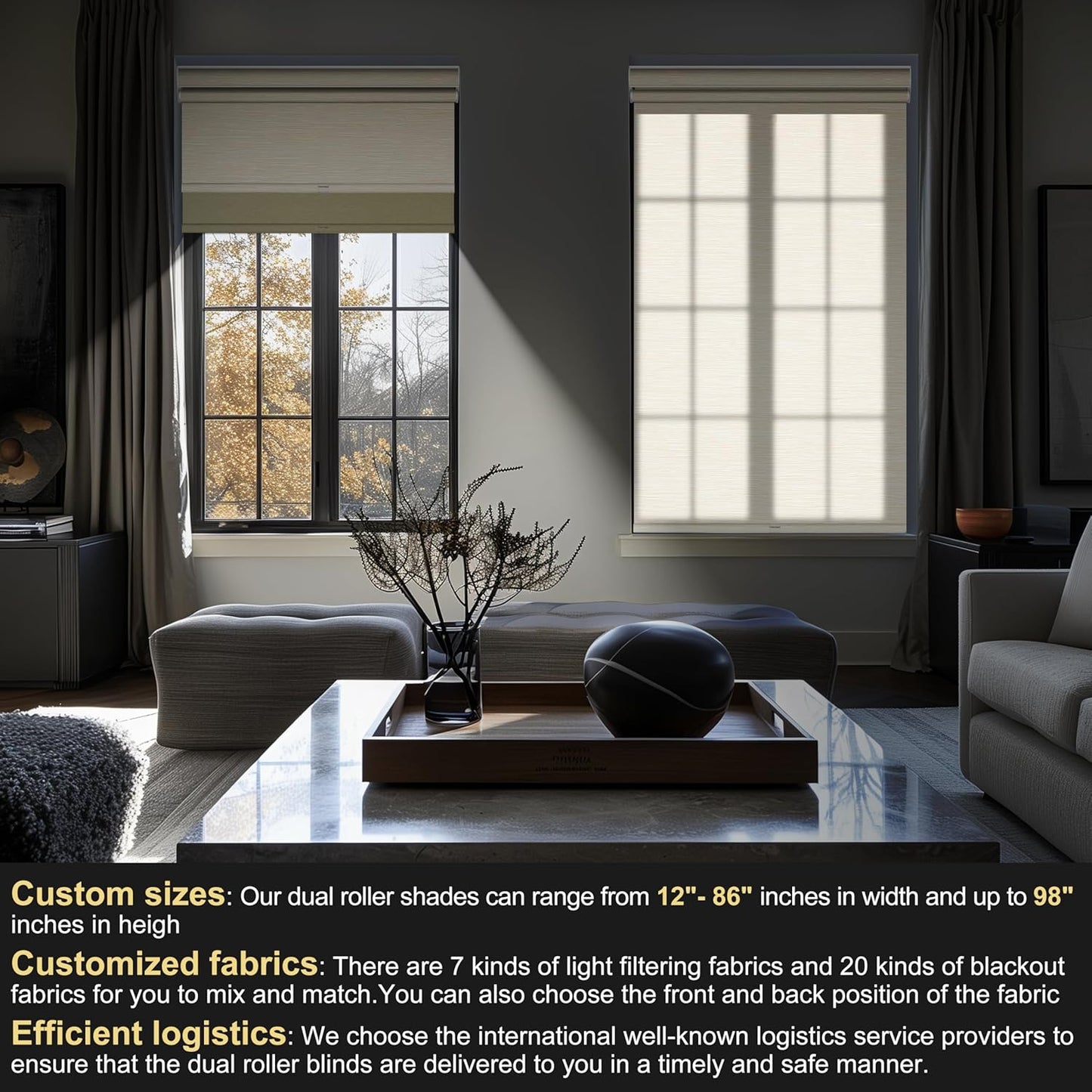 BERISSA Dual Roller Shades with Cassette Valance, Blackout and Light Filtering, Day and Night for Home Office Door. Striped Jacquard Beige. 32 W x 80" H