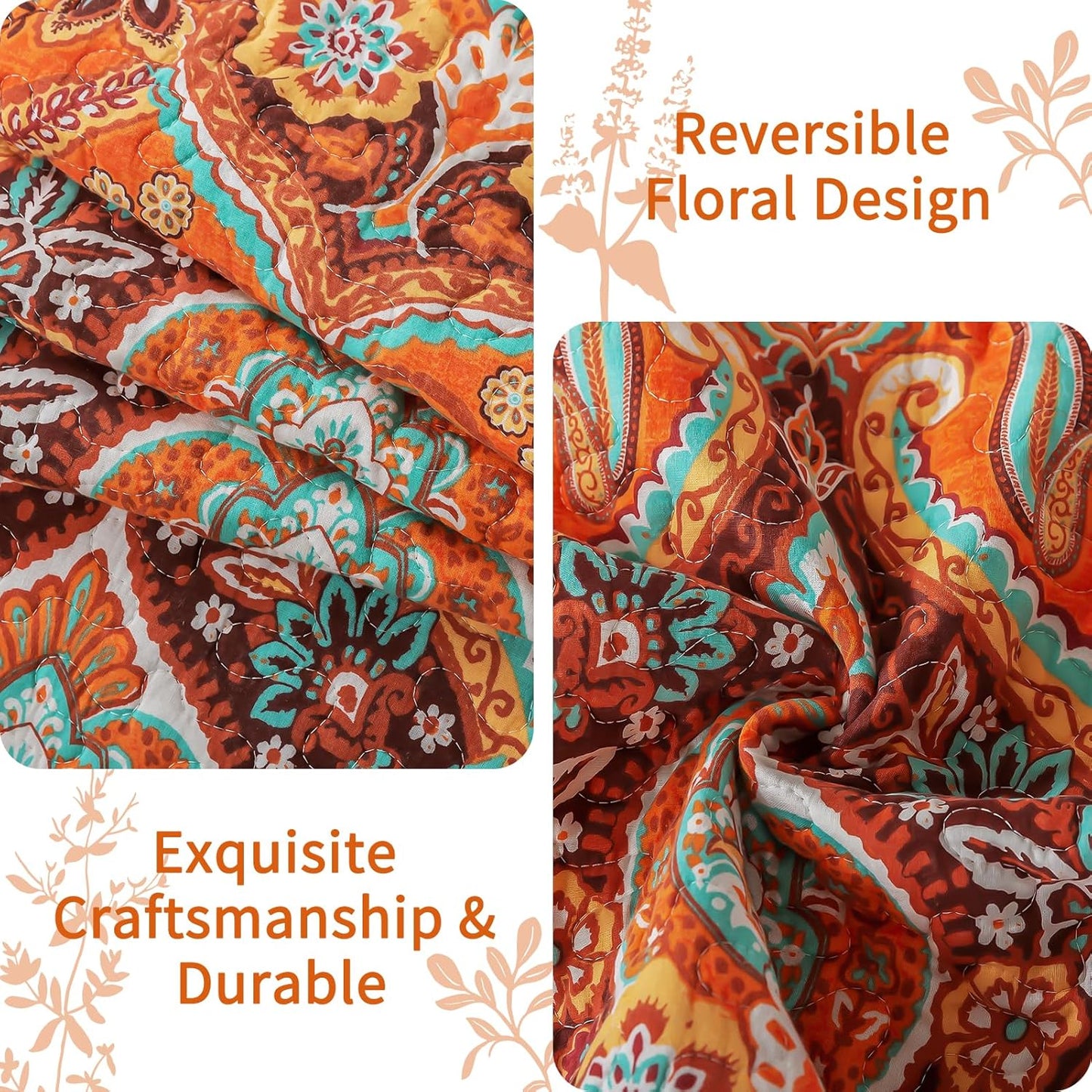 VAPUTAR Quilt California King Size Bedding Set - Cotton California King Quilt (108 * 118 Inch) - Boho Lightweight Reversible Oversized Bedspread for Farmhouse Bedroom (Orange), 3 Pieces