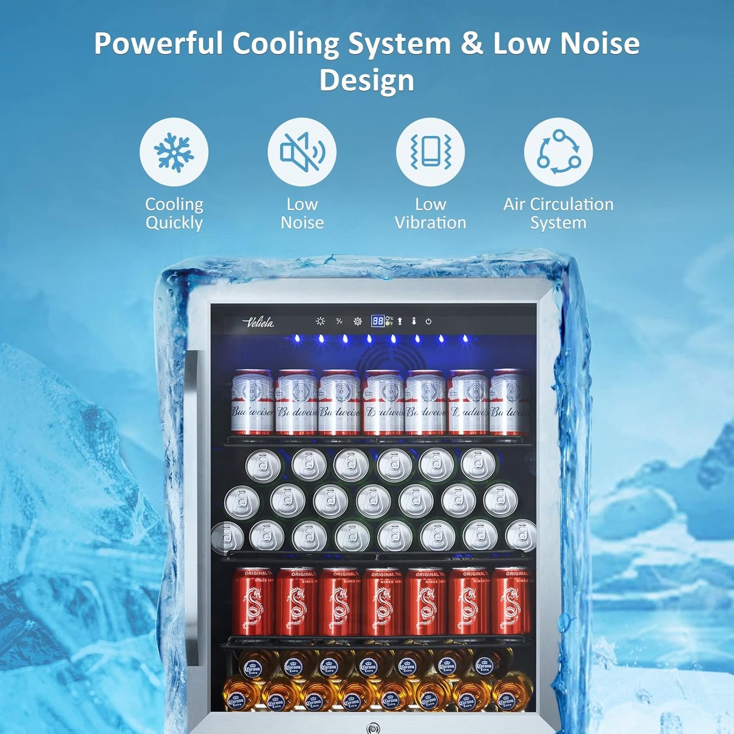 24 Inch Beverage Refrigerator Cooler,210 Cans Wide Beverage and Beer Fridge with Glass Door and Powerful Cooling Compressor, Built-in/Freestanding Drink Fridge for Kitchen, Bar or Office