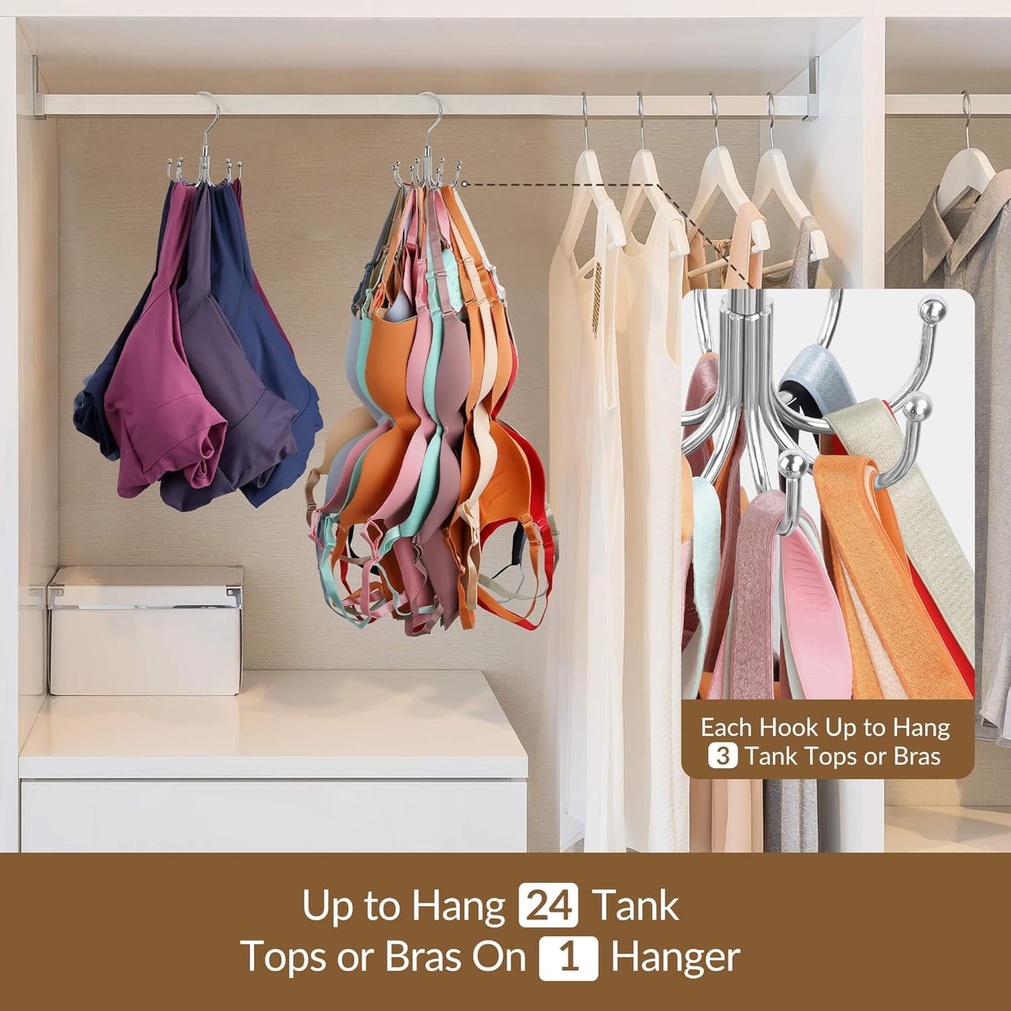 ZEDODIER Tank Top Hanger, Rotatable Bra Organzier for Closet, Max 24 Storage Capacity Sport Bra Holder, Metal Space Saving Closet Organizers and Storage, Silver