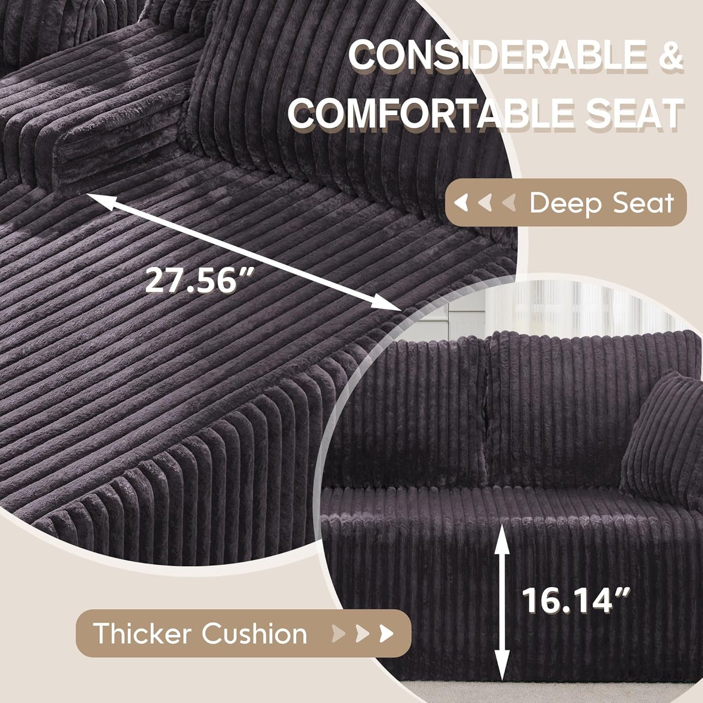 Hobestluk Modular Sectional Sofa Couches 108" L-Shape Couch 3 Seat Modular Sofa Memory Foam Sectional Couches for Living Room, Boneless Couch with Oversized Chaise (Grey, Left Facing)