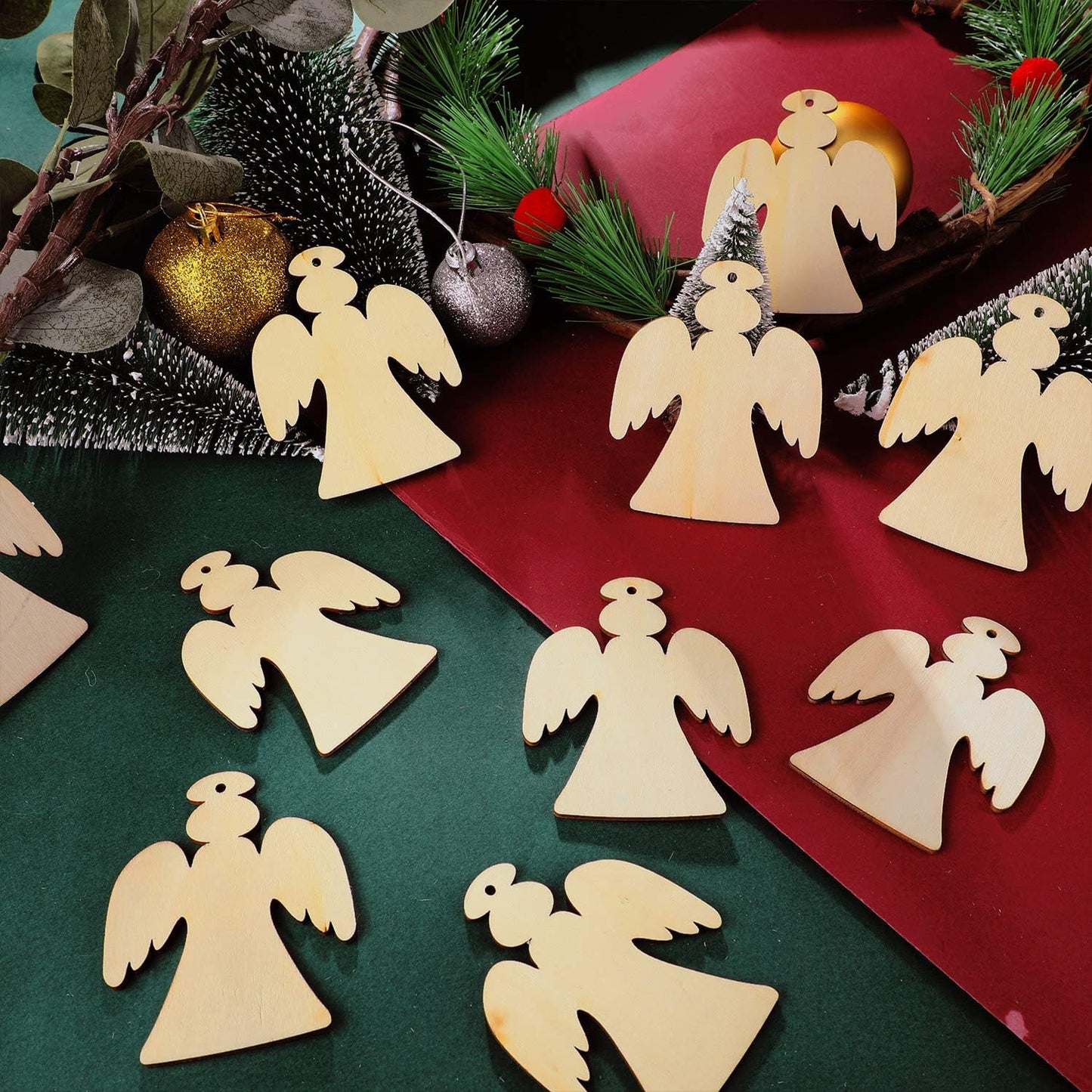 Blulu 60 Pieces Christmas Wooden Ornaments Round Wood Slices Snowflake Angel Shape with Cords for DIY Crafts New Year Christmas Tree Pendant Ornaments