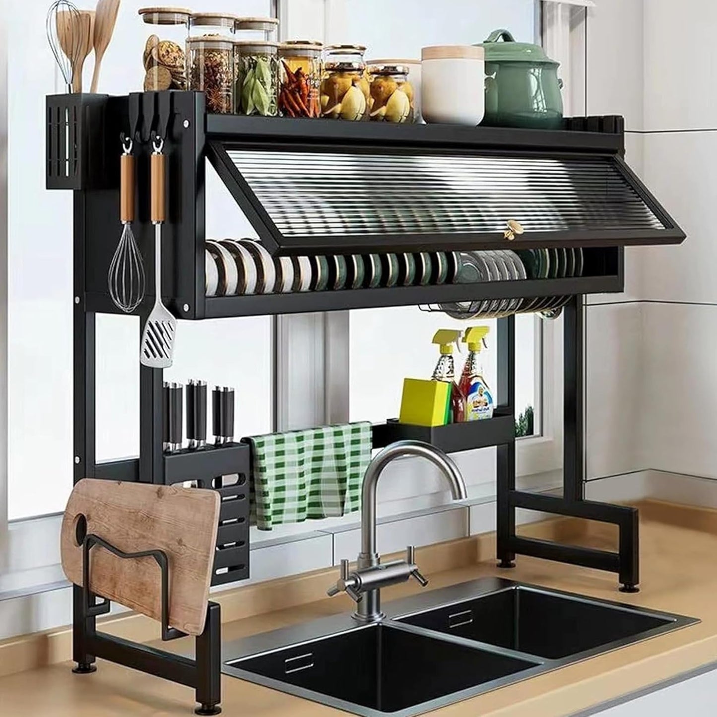 Dish Drying Rack, 3-Tier Over Sink Dish Drying Rack, 33.5" Over Sink Dish Rack for Small Kitchen, Space-Saving Dish Rack with Cover, Baskets, Utensil, Large Sink Storage Organizer Black