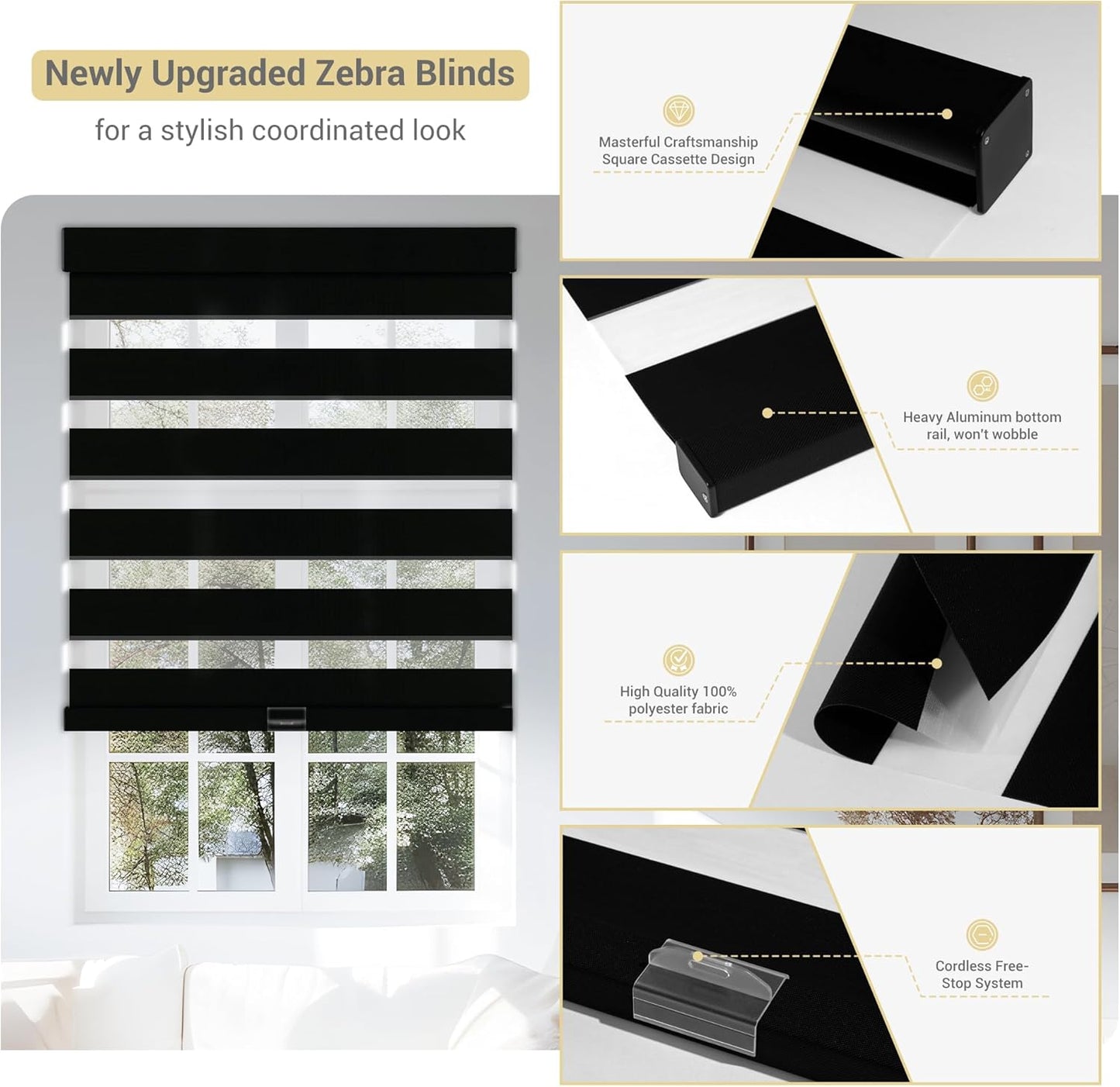 Cordless Zebra Blinds for Windows, Blackout Interior Blinds,Easy to Install,UV Protection,for Offices and Home,Custom Roller Shades, Solid Black, 62" W x 80" H