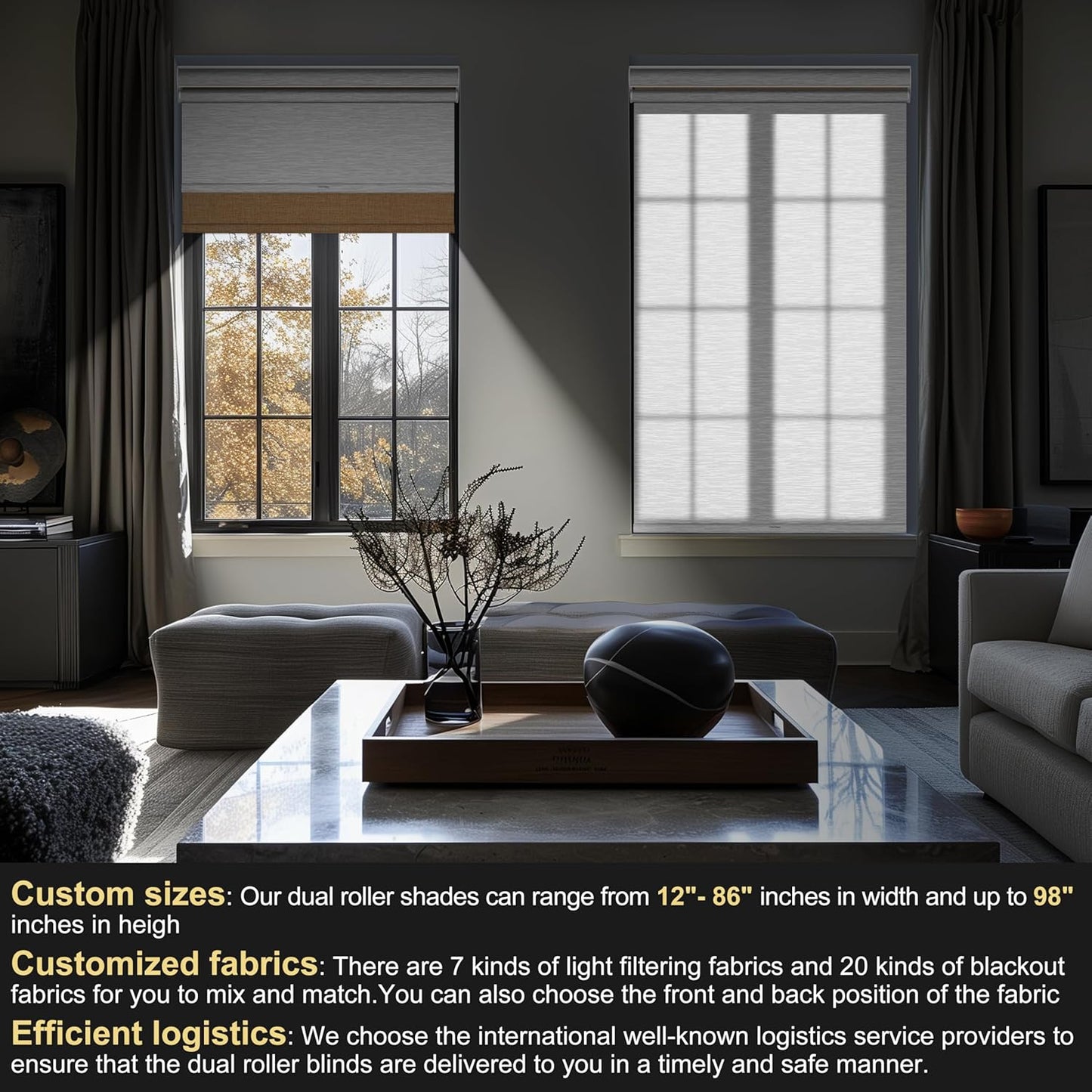 BERISSA Cordless Dual Roller Shades with Cassette Valance,Double Window Shades Blackout and Light Filtering Shades,Day and Night Roller Shades for Home Office Door.Linen Beige and White.54 W x 64" H