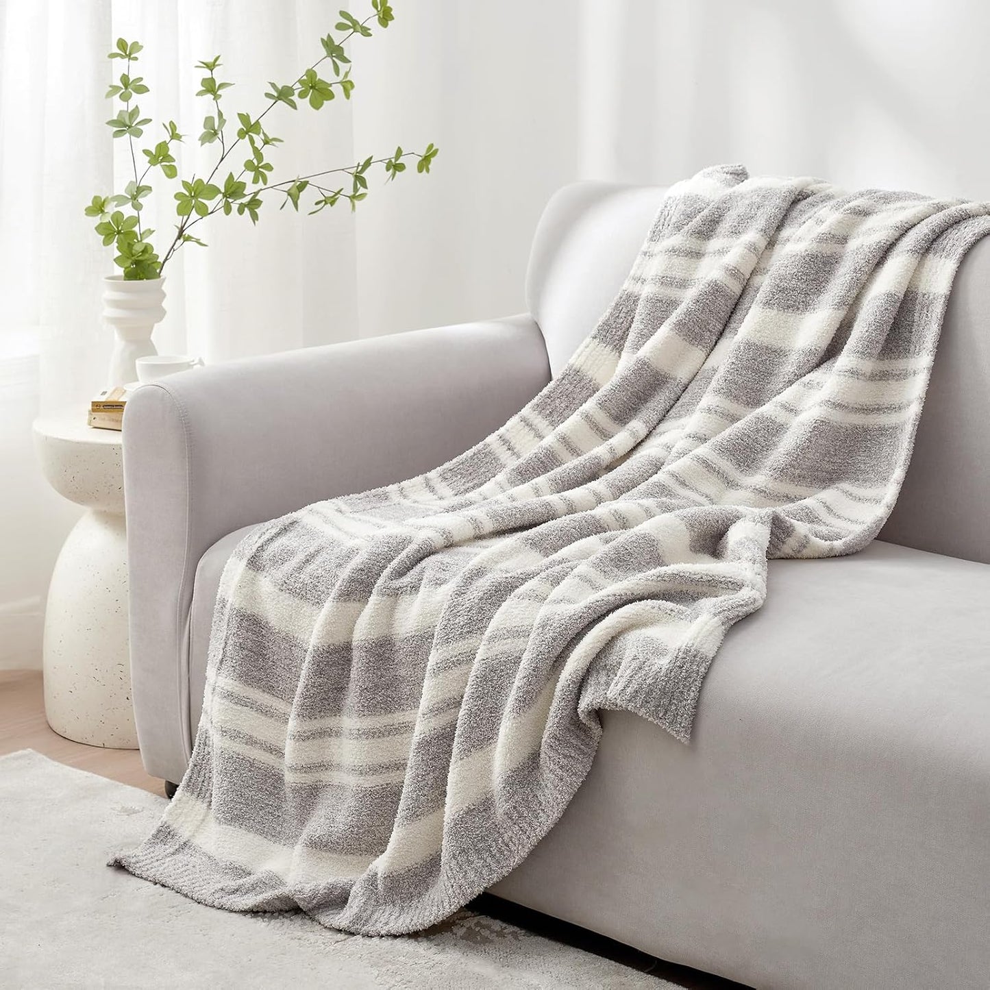 Snuggle Sac Twin Size Bedding Blankets Luxurious Microfiber, Reversible Super Soft Warm Cozy Blankets Fuzzy Plush Blanket for Bed,Couch,Sofa,Living Room, Grey Stripe,60x80 inches