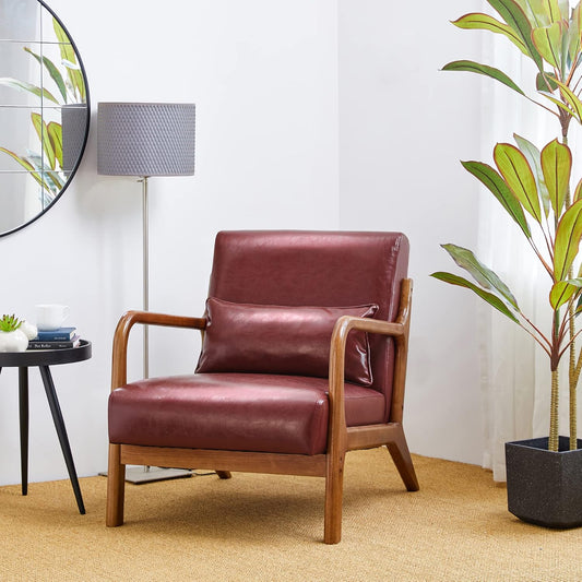 Glitzhome 30.75" H Mid Century Red Accent Armchair, Single Reading Armchair PU Leather Lounge Chair with Walnut Ruberwood Frame