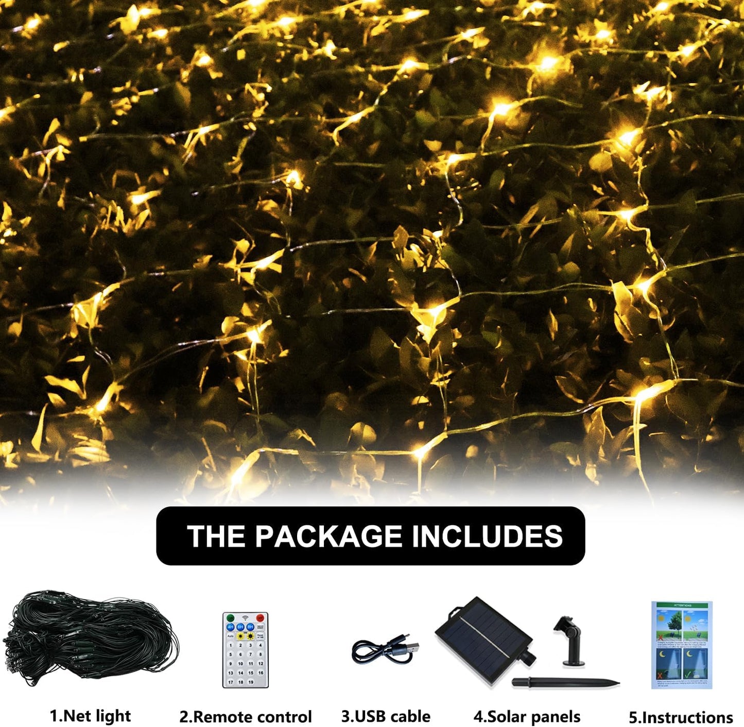 Solar Net Christmas Lights Warm White, 200 LED Net Lights Outdoor Mesh Lights, 19 Modes Solar Powered/USB String Lights for Garden, Yard, Bushes, Trunk, Halloween, Xmas Tree Decor