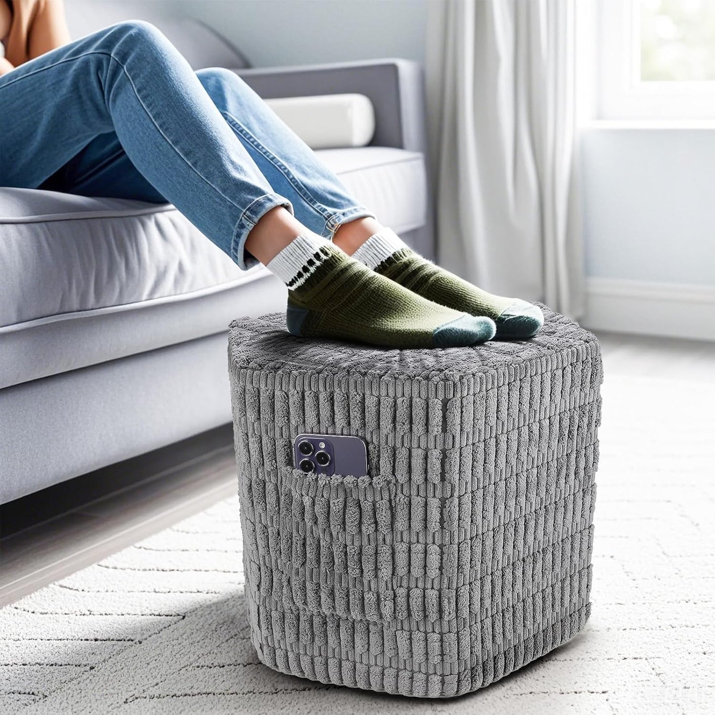 Hexagon Pouf Ottoman Stuffed with 2 Pockets & Handle, Comfort Corduroy Poufs, Non-Slip Foot Stool Storage Ottoman, Foam Floor Poufs Foot Rest for Couch, Bedroom (Gray)
