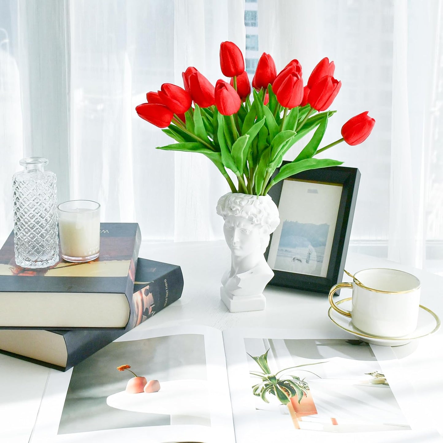 Mandy's Artificial Tulips 20 Stems Red PU Faux Flowers for Wedding Home Decor 13.5 Inch