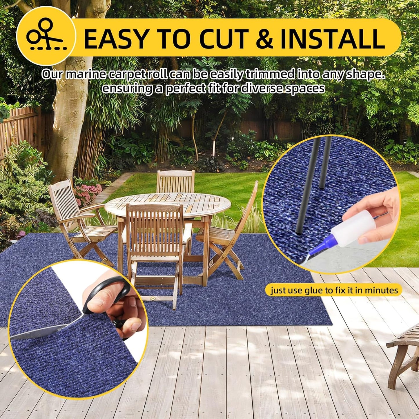 Marine Carpet,5 FT x 20 FT Deep Blue Indoor Outdoor Rug 0.2" Thick Boat Carpeting with Water-Proof TPE Backing, Non-Slip Outdoor Marine Carpet Roll for Home, Patio, Porch, Deck