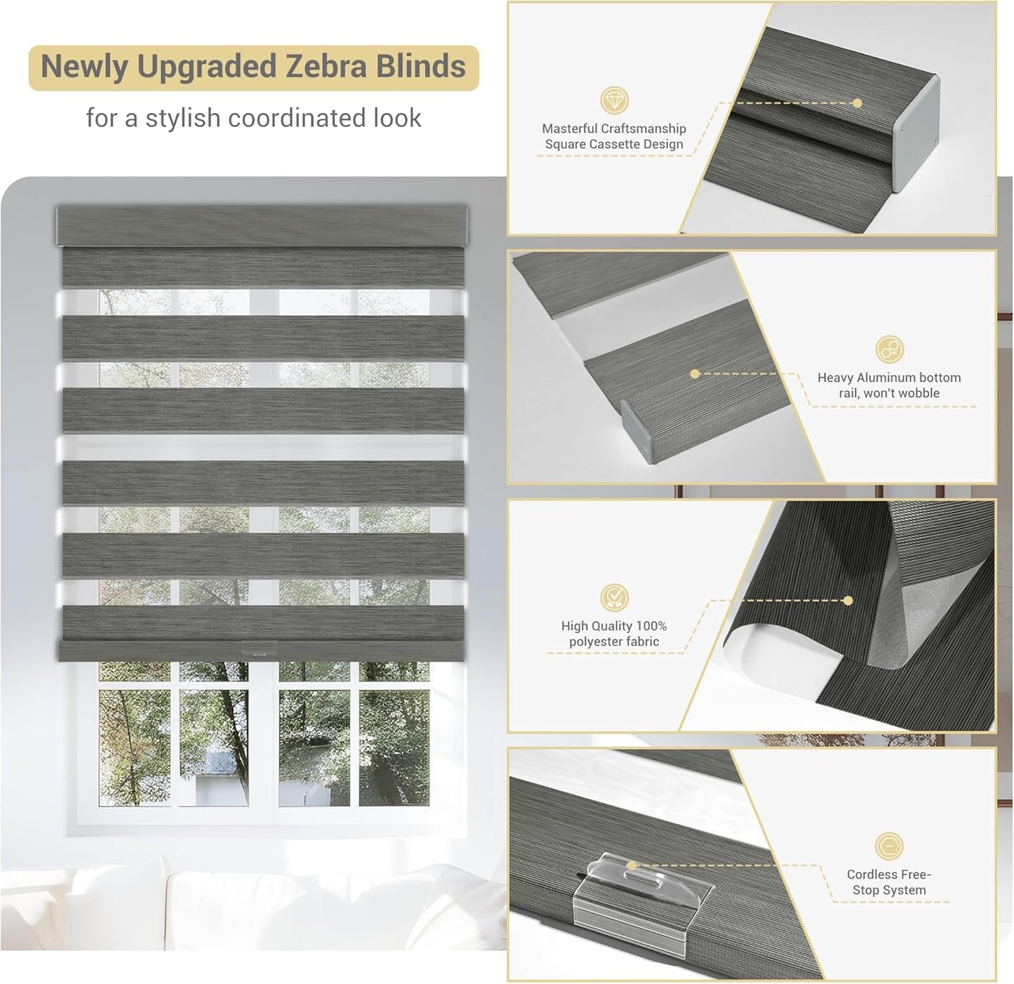 Cordless Zebra Blinds for Windows, Blackout Interior Blinds,Easy to Install,UV Protection,for Offices and Home,Custom Roller Shades, Mousse Grey,79" W x 80" H