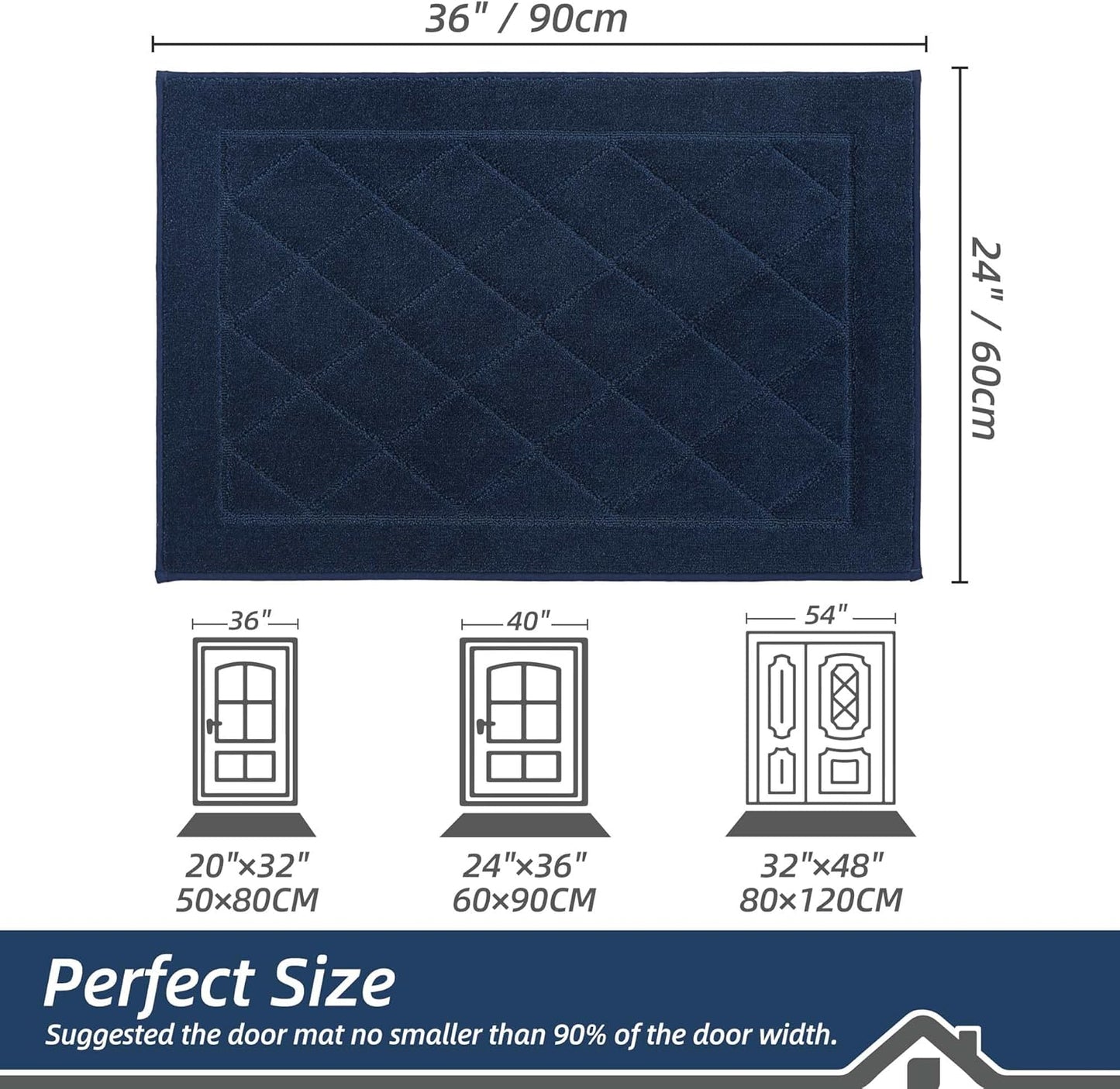BEQHAUSE Dirt Trapper Door Mat 24" x 36", Doormat Non-Slip Entryway Rugs Washable, Dog Door Mat Stain Resistant and Absorbent Welcome Floor Mat for Front Back Door, Muddy Wet Shoes & Paws, Navy Blue