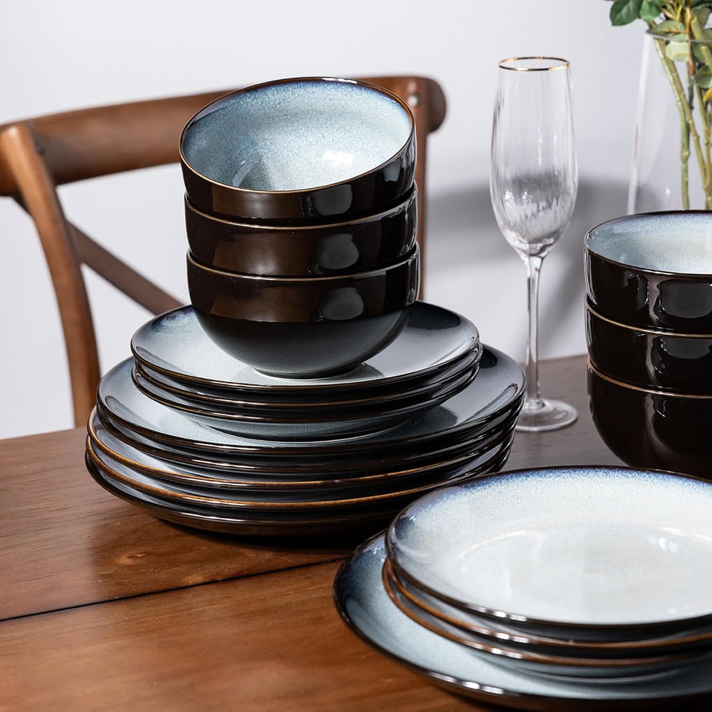 LeRatio Ceramic Dinnerware Sets for 6,Stoneware Plates and Bowls Sets,Handmade Reactive Glaze Dishes Set,Chip Resistant and Scratch Resistant | Oven&Dishwasher & Microwave Safe-Gray White(18PCS)